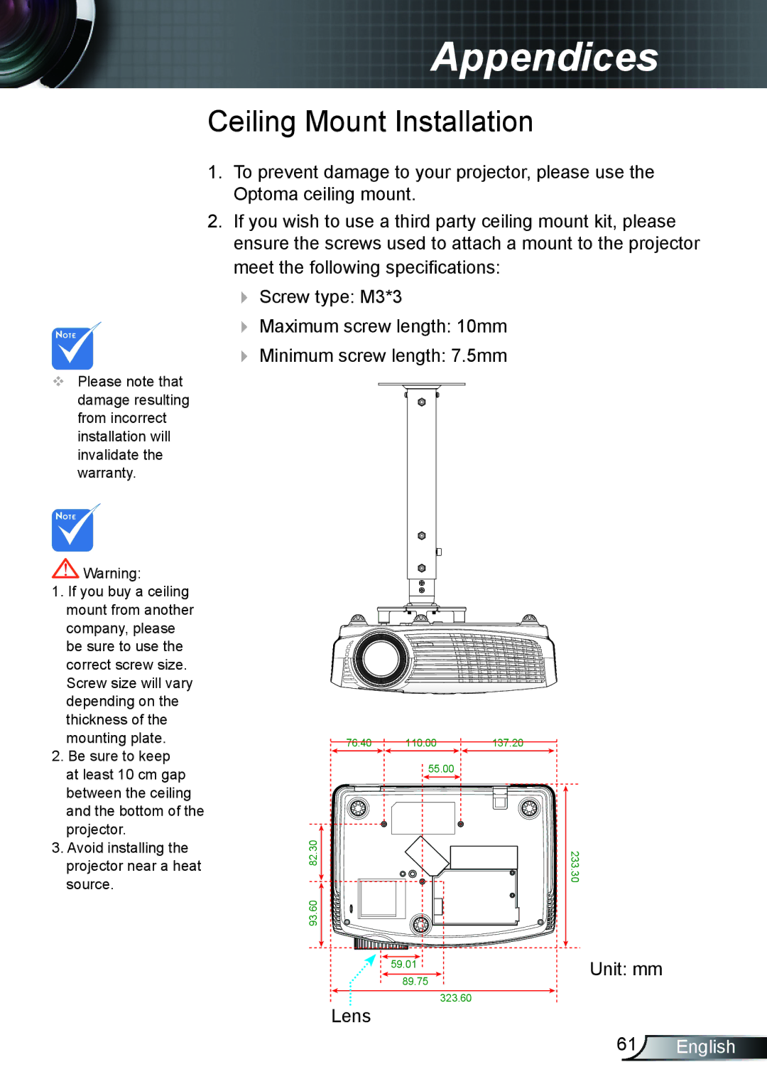 Optoma Technology EX615, TX615, EX542 manual Ceiling Mount Installation 