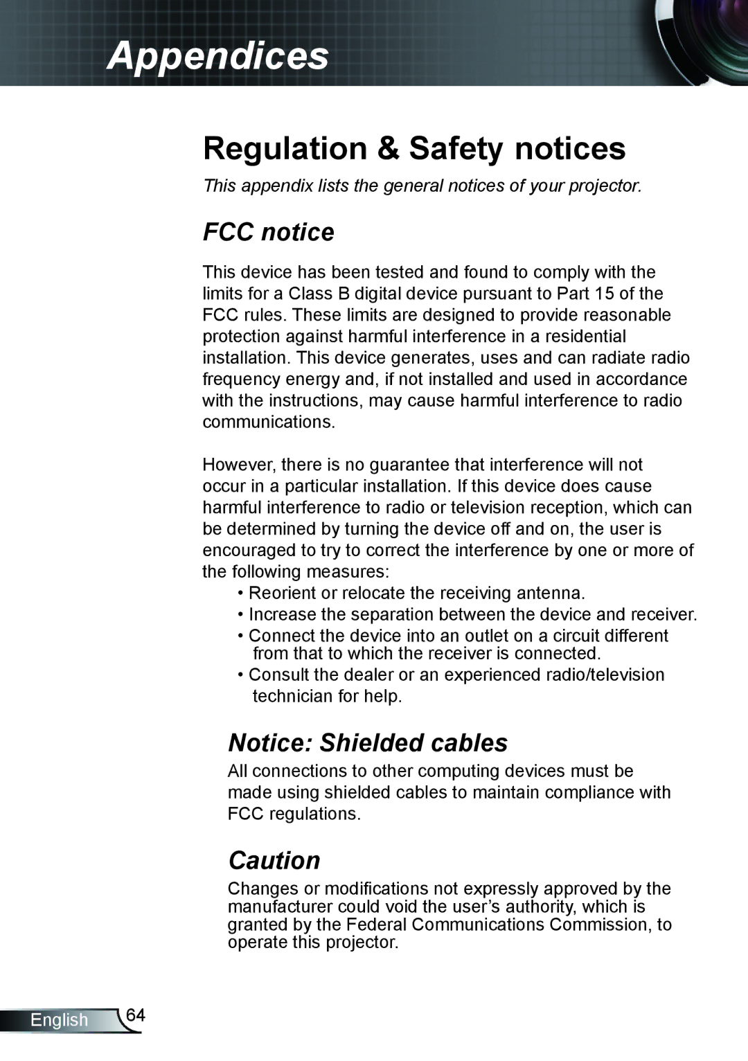 Optoma Technology EX615, TX615, EX542 manual Regulation & Safety notices 