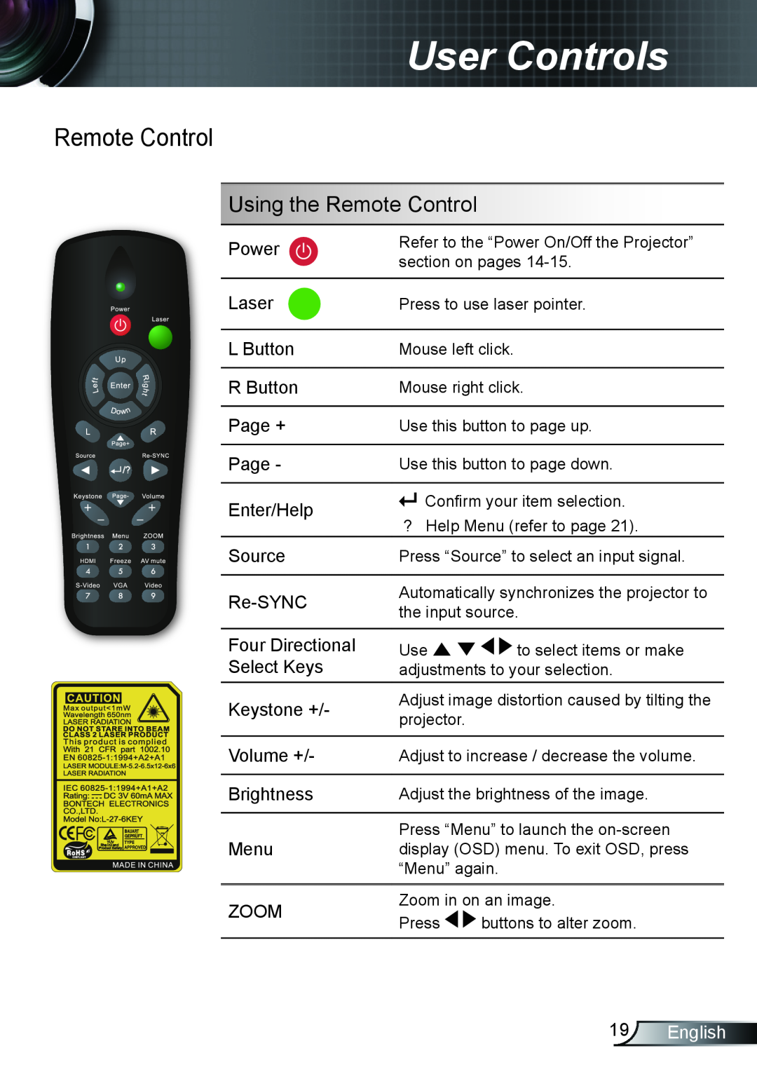 Optoma Technology EX615, TX615, EX542 manual Using the Remote Control, 9 English, User Controls 