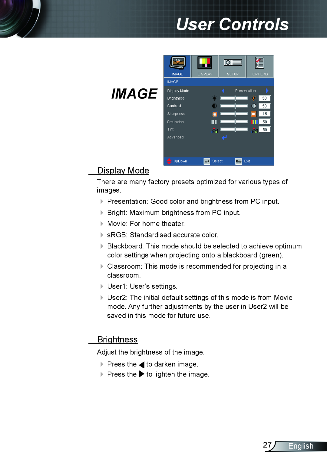 Optoma Technology TX615, EX615, EX542 manual Image, Display Mode, Brightness, English, User Controls 