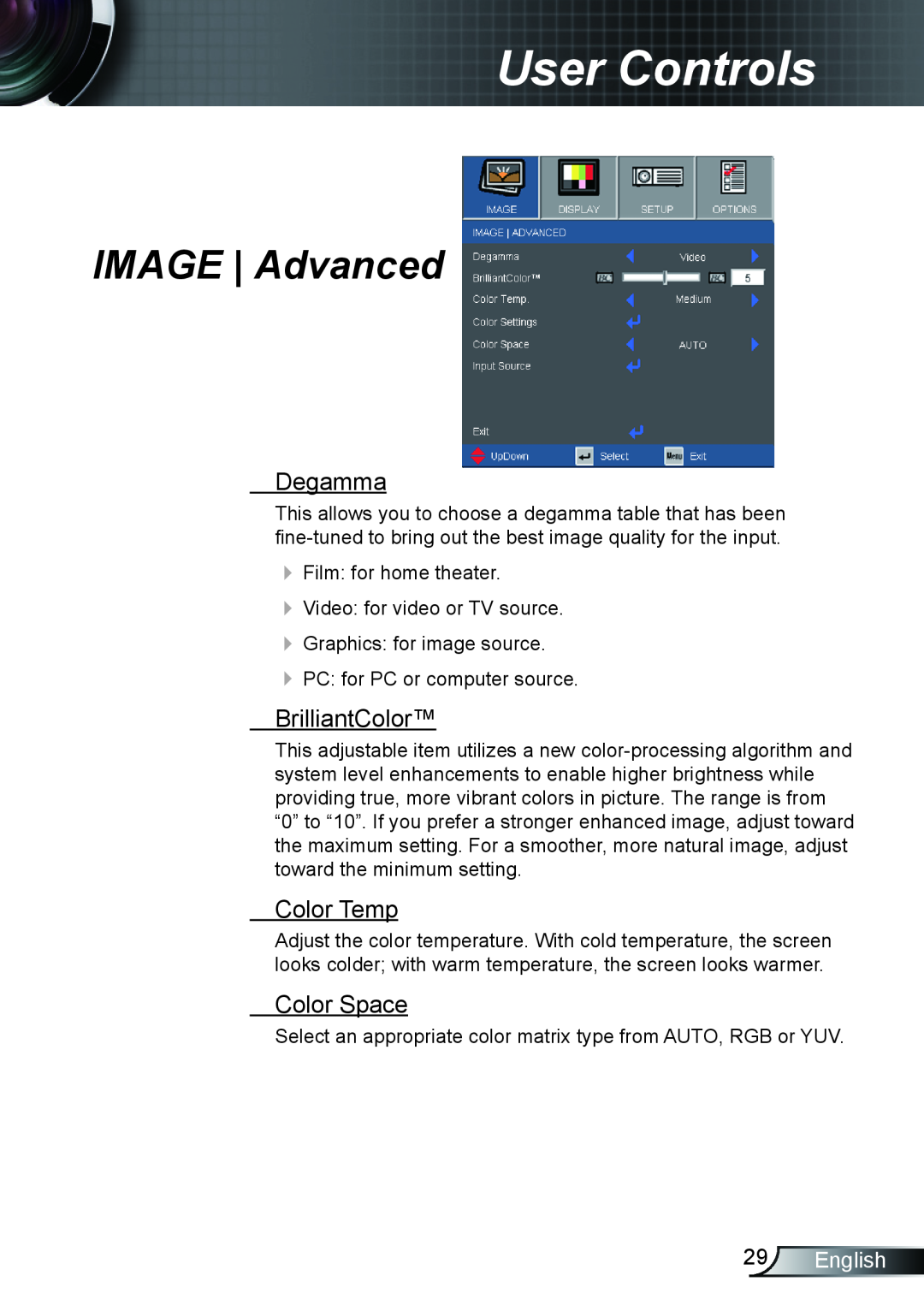 Optoma Technology EX542, TX615 IMAGE Advanced, Degamma, BrilliantColor, Color Temp, Color Space, English, User Controls 