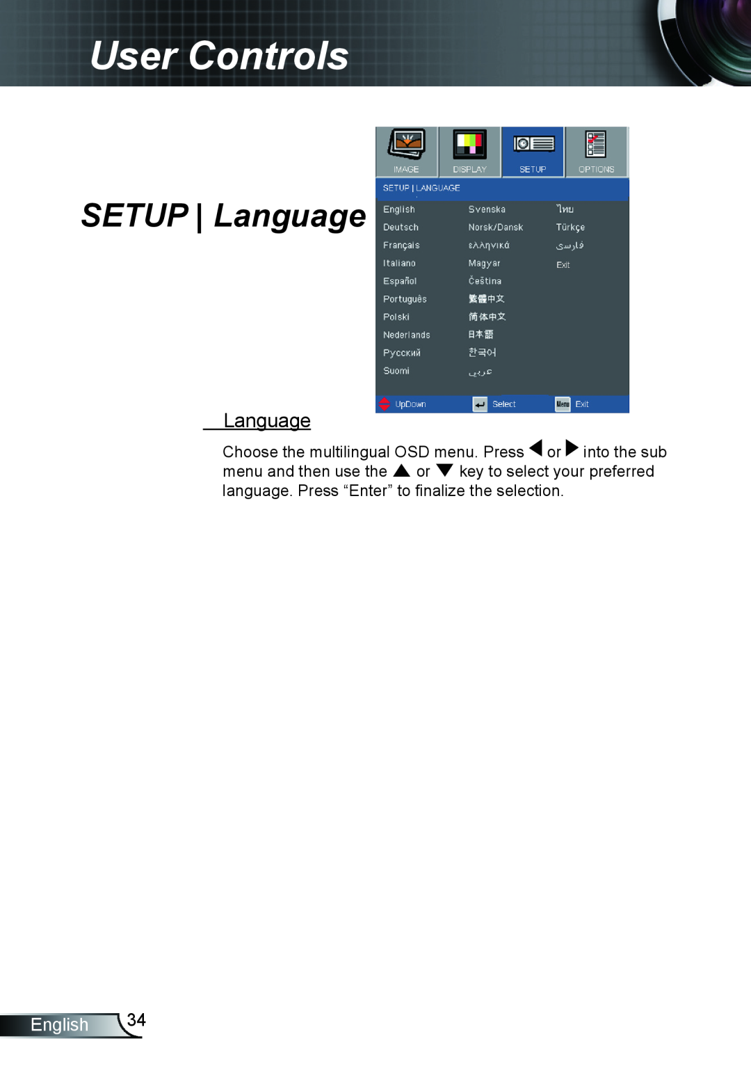 Optoma Technology EX615, TX615, EX542 manual SETUP Language, User Controls, English 