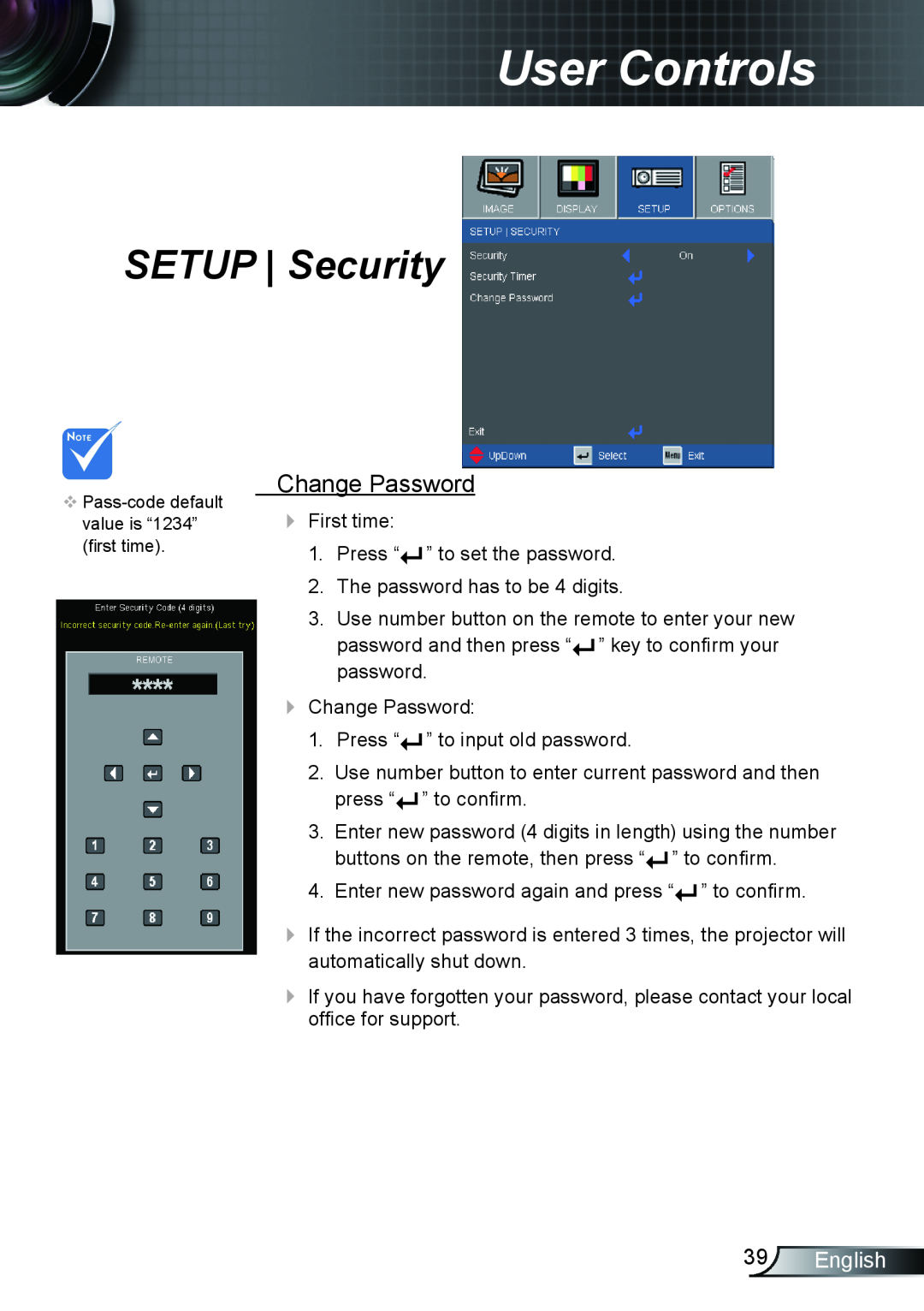 Optoma Technology TX615, EX615, EX542 manual Change Password, English, User Controls, SETUP Security 