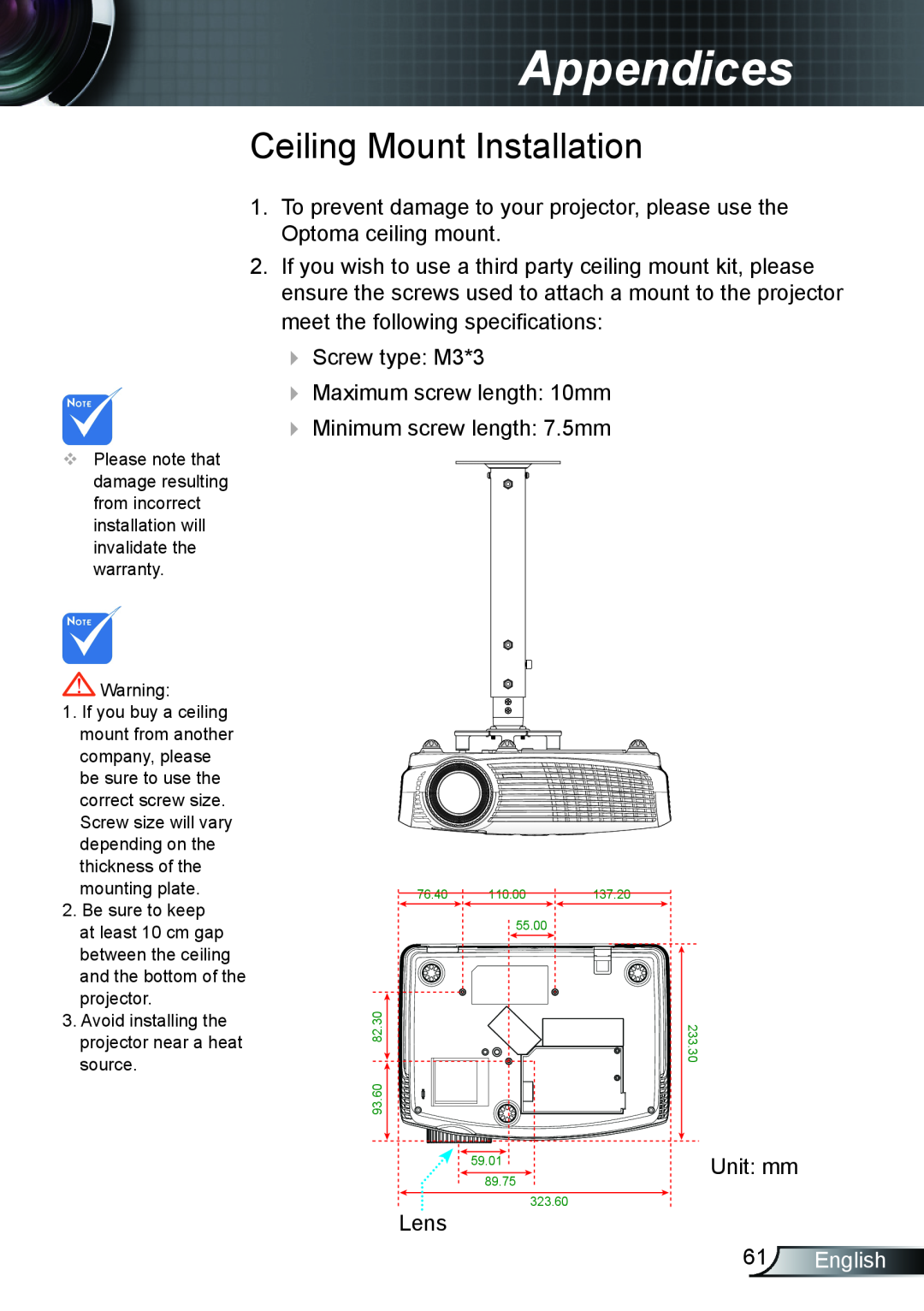Optoma Technology EX615, TX615, EX542 manual Ceiling Mount Installation, 6 English, Appendices 
