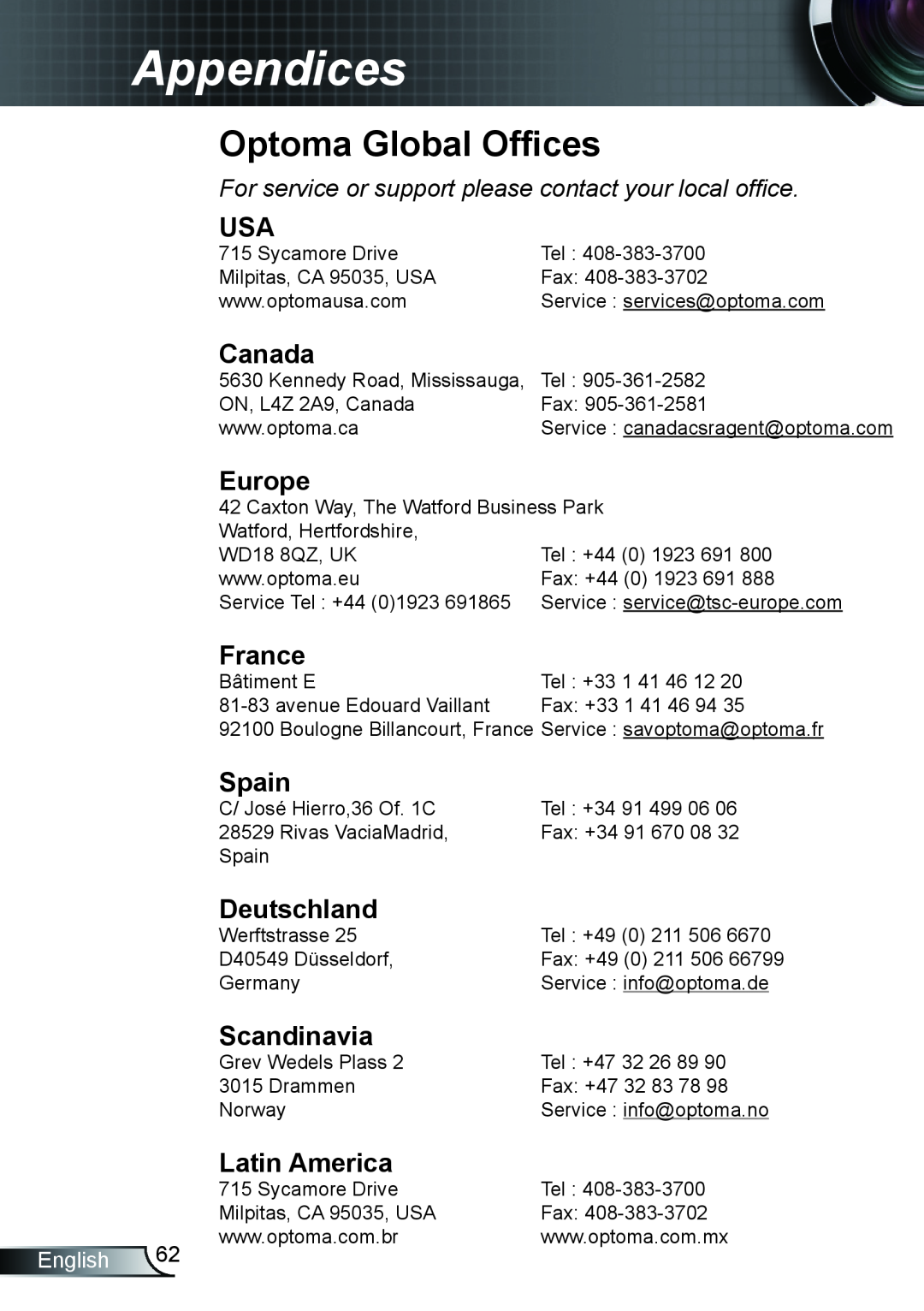 Optoma Technology EX542 Optoma Global Offices, Canada, Europe, France, Spain, Deutschland, Scandinavia, Latin America 