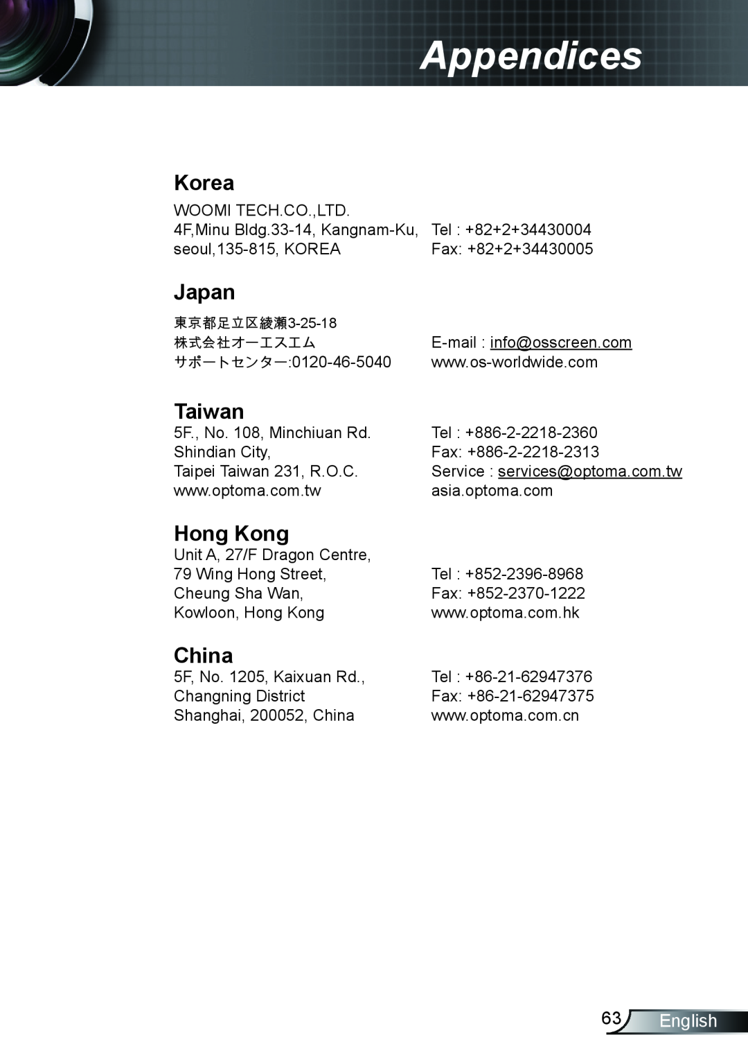 Optoma Technology TX615, EX615, EX542 manual Korea, Japan, Taiwan, Hong Kong, China, English, Appendices 