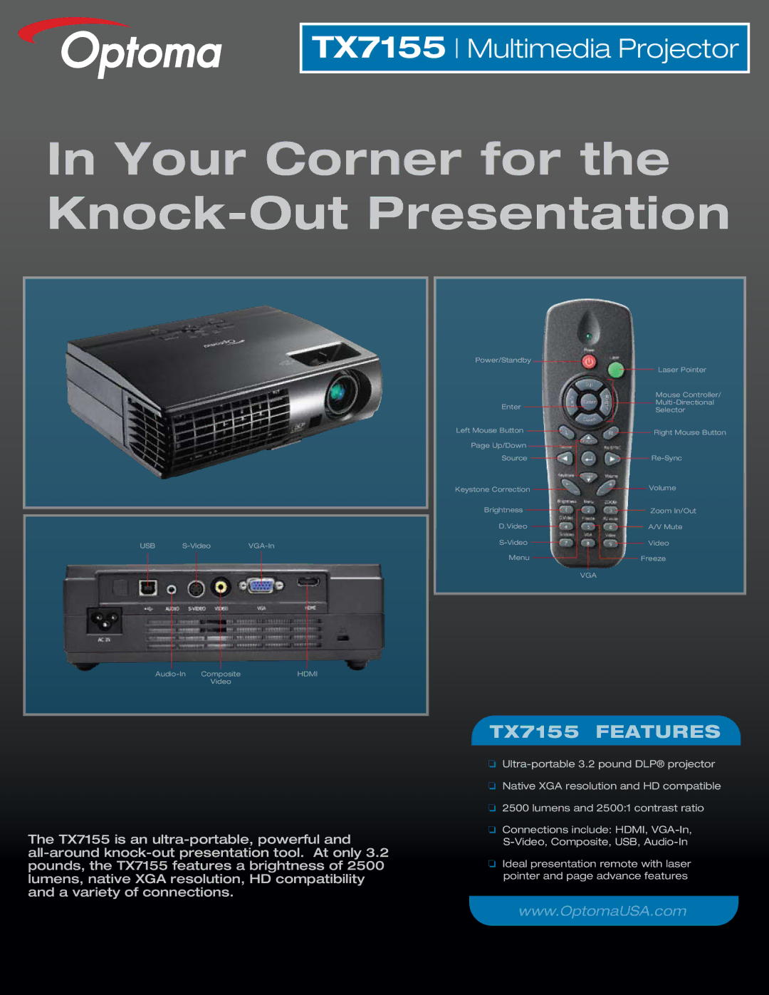 Optoma Technology manual Your Corner for the Knock-Out Presentation, TX7155 Features 