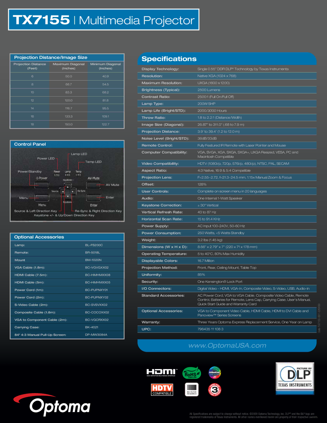 Optoma Technology TX7155 manual Specifications, Projection Distance/Image Size, Control Panel, Optional Accessories, Upc 
