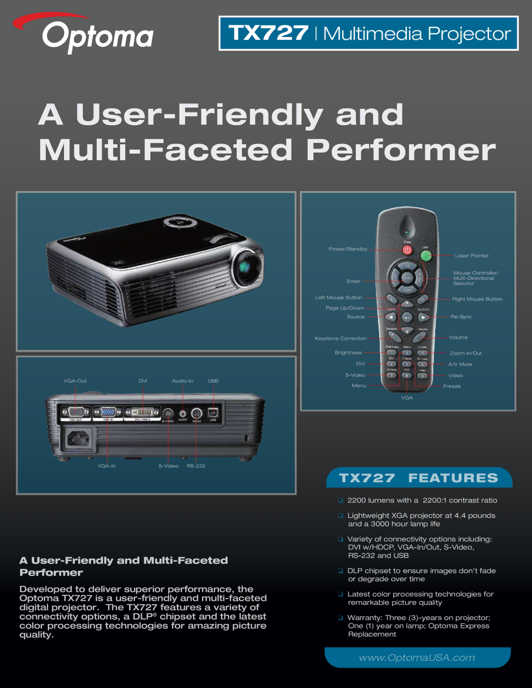 Optoma Technology warranty User-Friendly and Multi-Faceted Performer, TX727 Features 