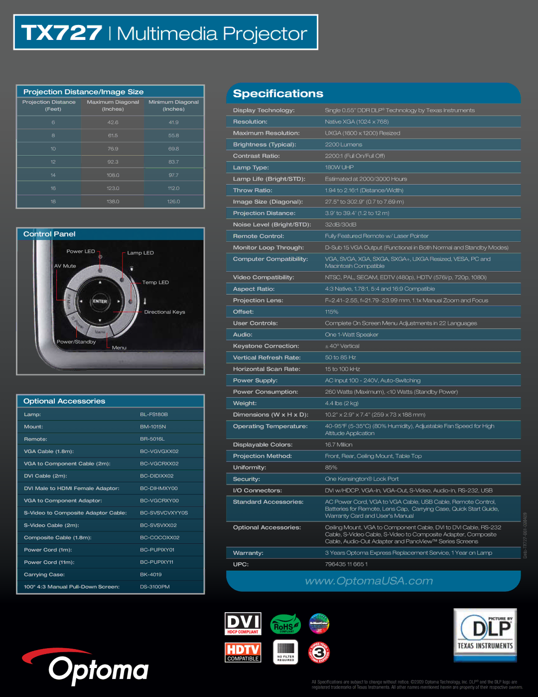 Optoma Technology TX727 warranty Specifications, Projection Distance/Image Size, Control Panel, Optional Accessories, Upc 