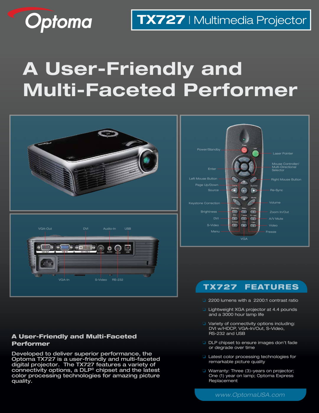 Optoma Technology warranty TX727 Multimedia Projector, A User-Friendly and Multi-Faceted Performer, TX727 FEATURES 