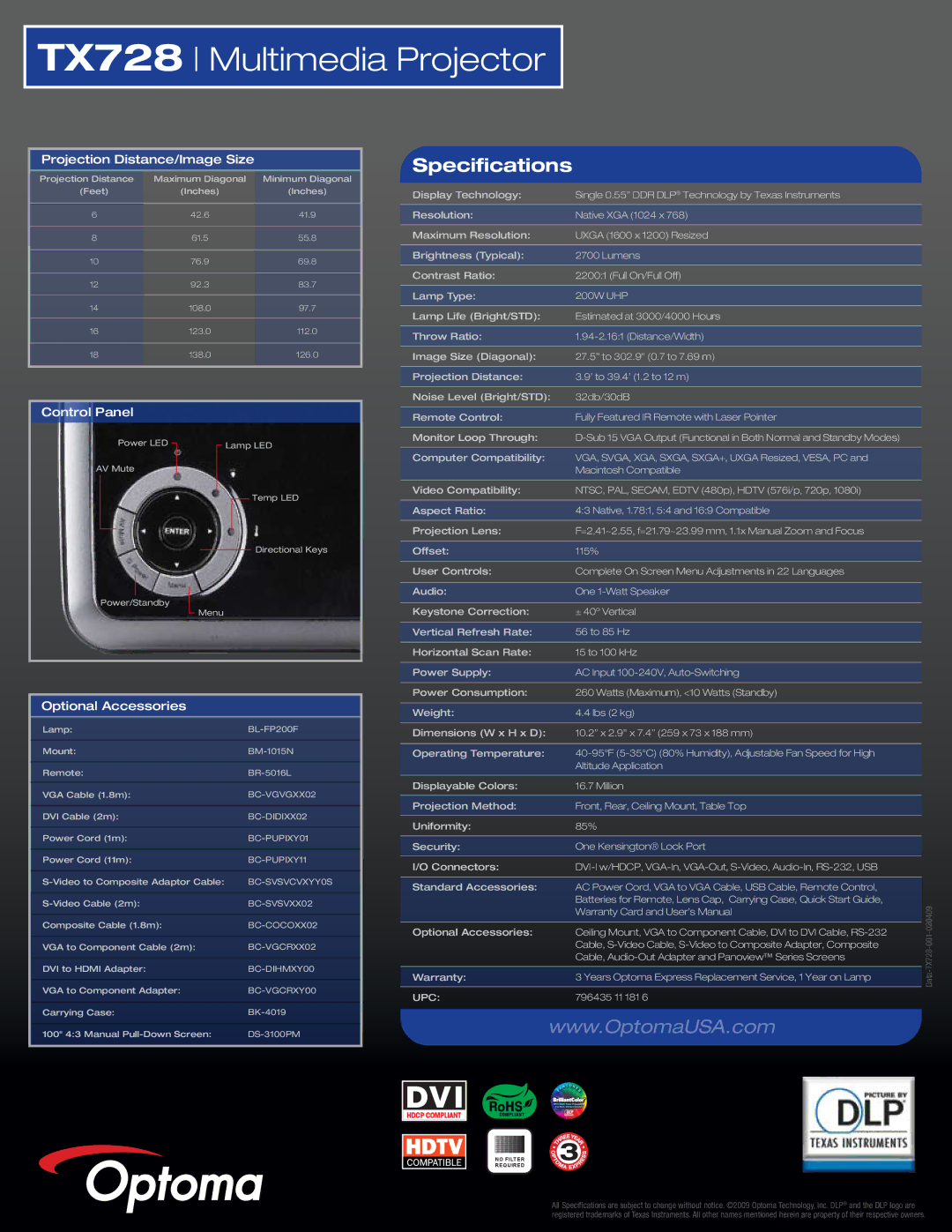 Optoma Technology TX728 manual Specifications, Projection Distance/Image Size, Control Panel, Optional Accessories, Upc 