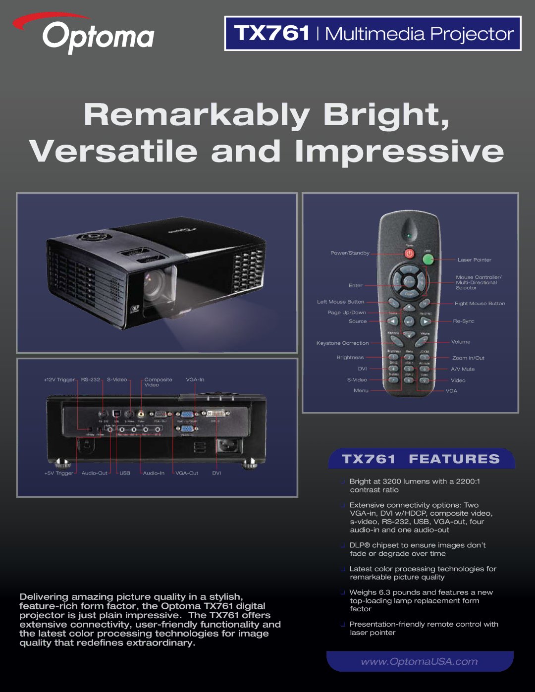 Optoma Technology manual Remarkably Bright Versatile and Impressive, TX761 Features 