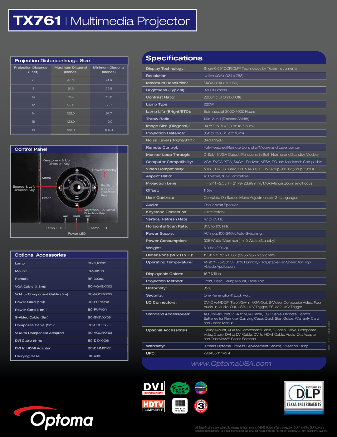 Optoma Technology TX761 manual Specifications, Projection Distance/Image Size, Control Panel, Optional Accessories, Upc 