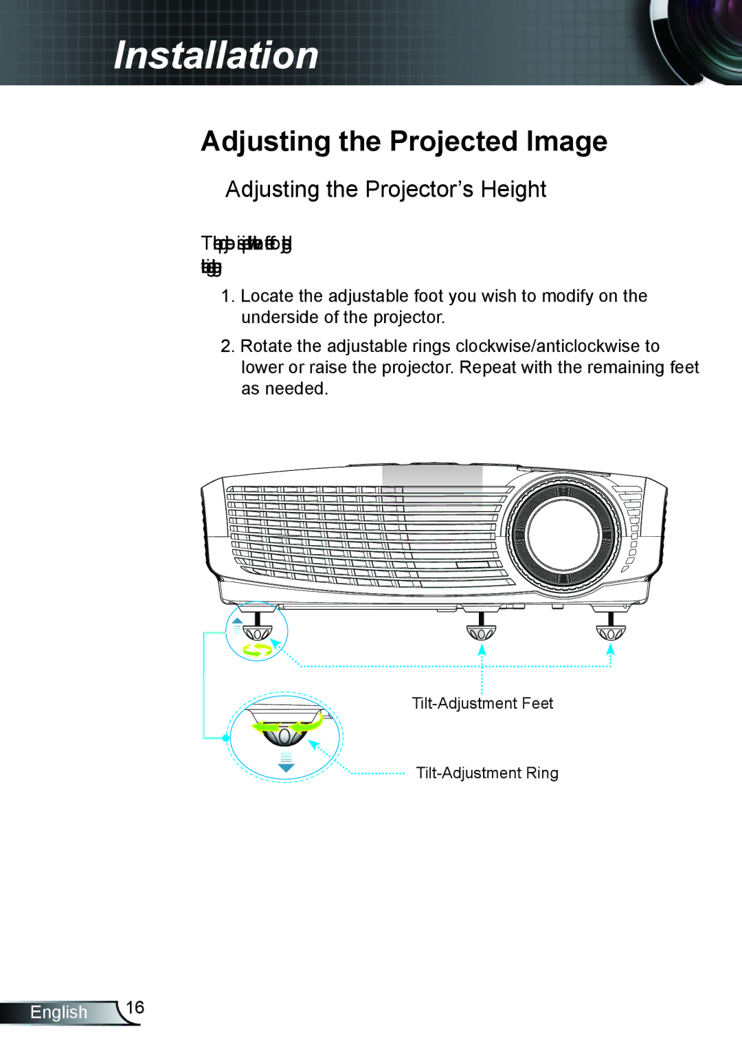 Optoma Technology TX762GOV, TX615GOV, TX5423D manual Adjusting the Projected Image, Adjusting the Projector’s Height 