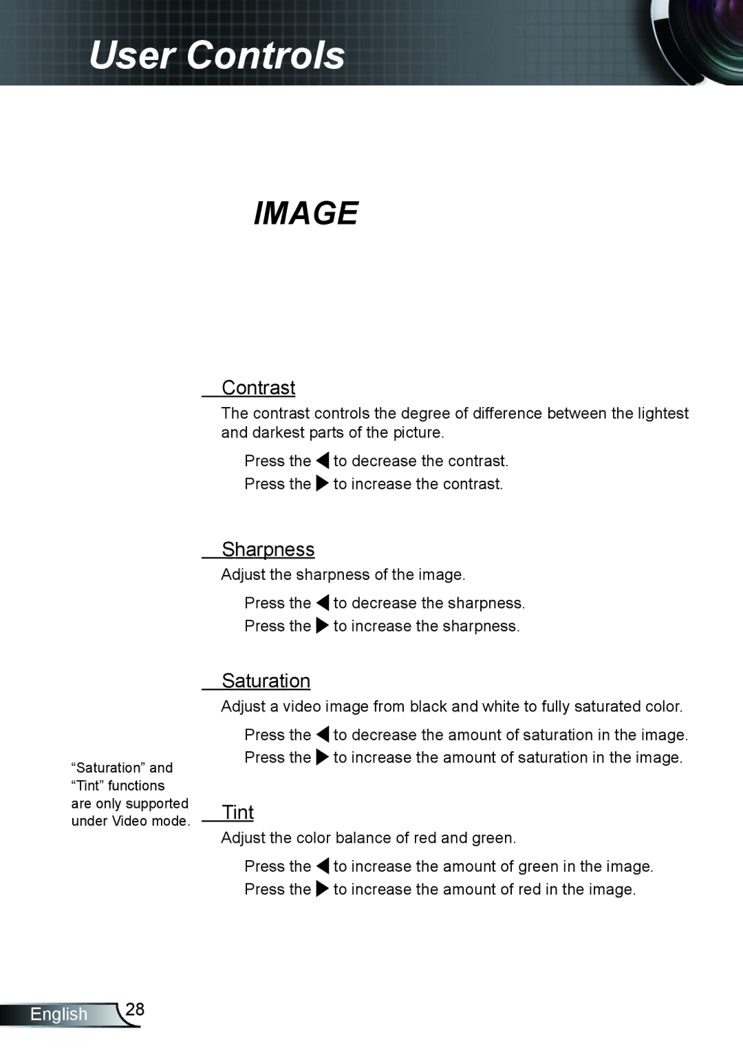 Optoma Technology TX762GOV, TX615GOV, TX5423D manual Contrast, Sharpness, Saturation, Tint 