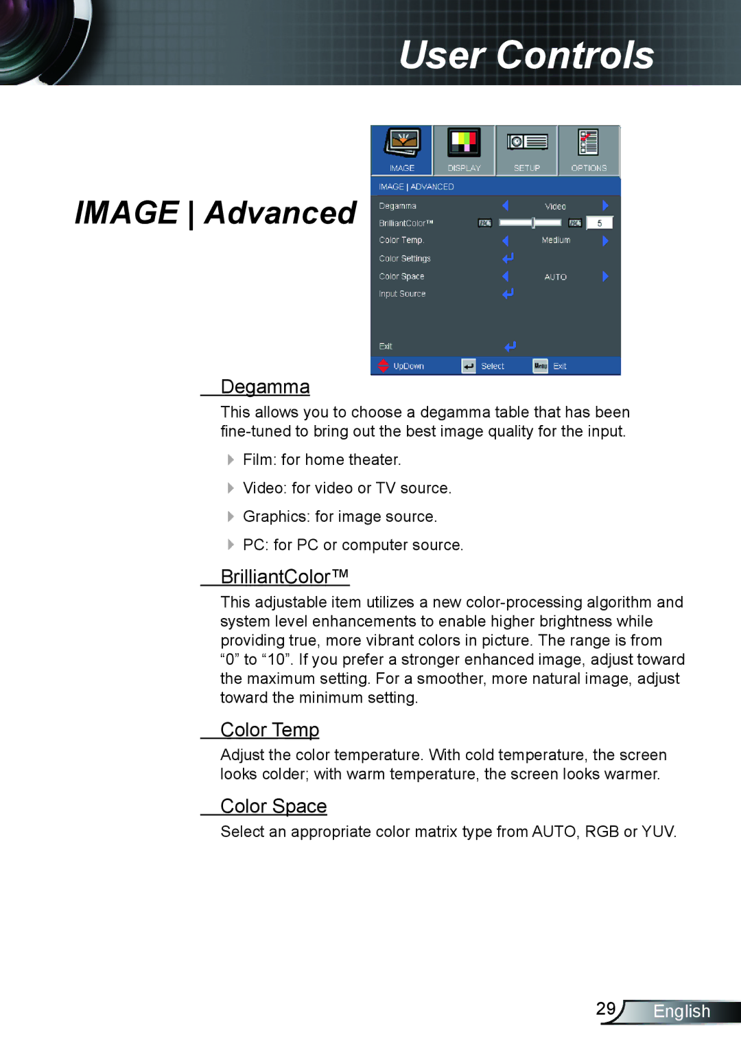 Optoma Technology TX615GOV, TX762GOV, TX5423D manual Image Advanced, Degamma, BrilliantColor, Color Temp, Color Space 