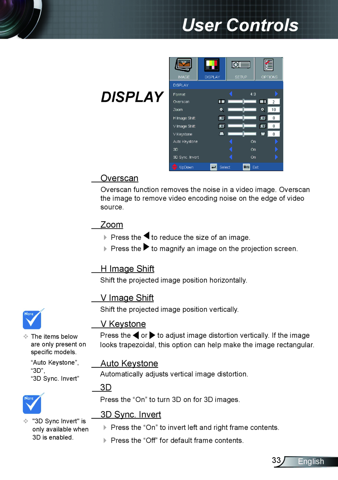 Optoma Technology TX615GOV, TX762GOV, TX5423D manual Overscan, Zoom, Image Shift, Auto Keystone, 3D Sync. Invert 