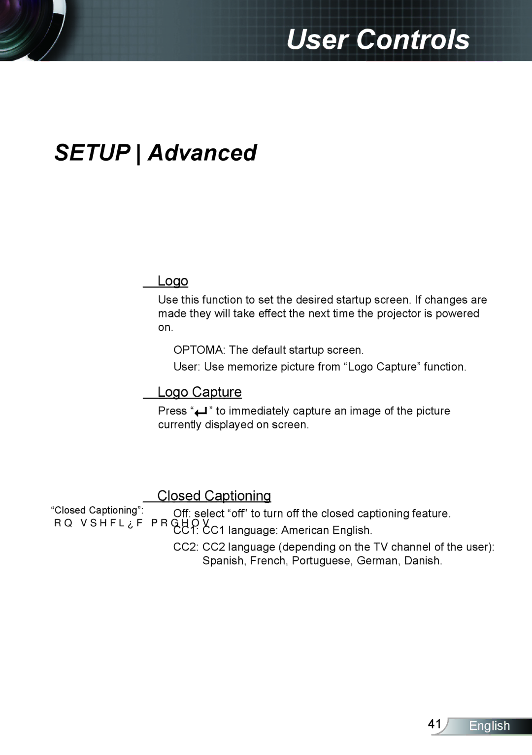 Optoma Technology TX615GOV, TX762GOV, TX5423D manual Setup Advanced, Logo Capture, Closed Captioning 