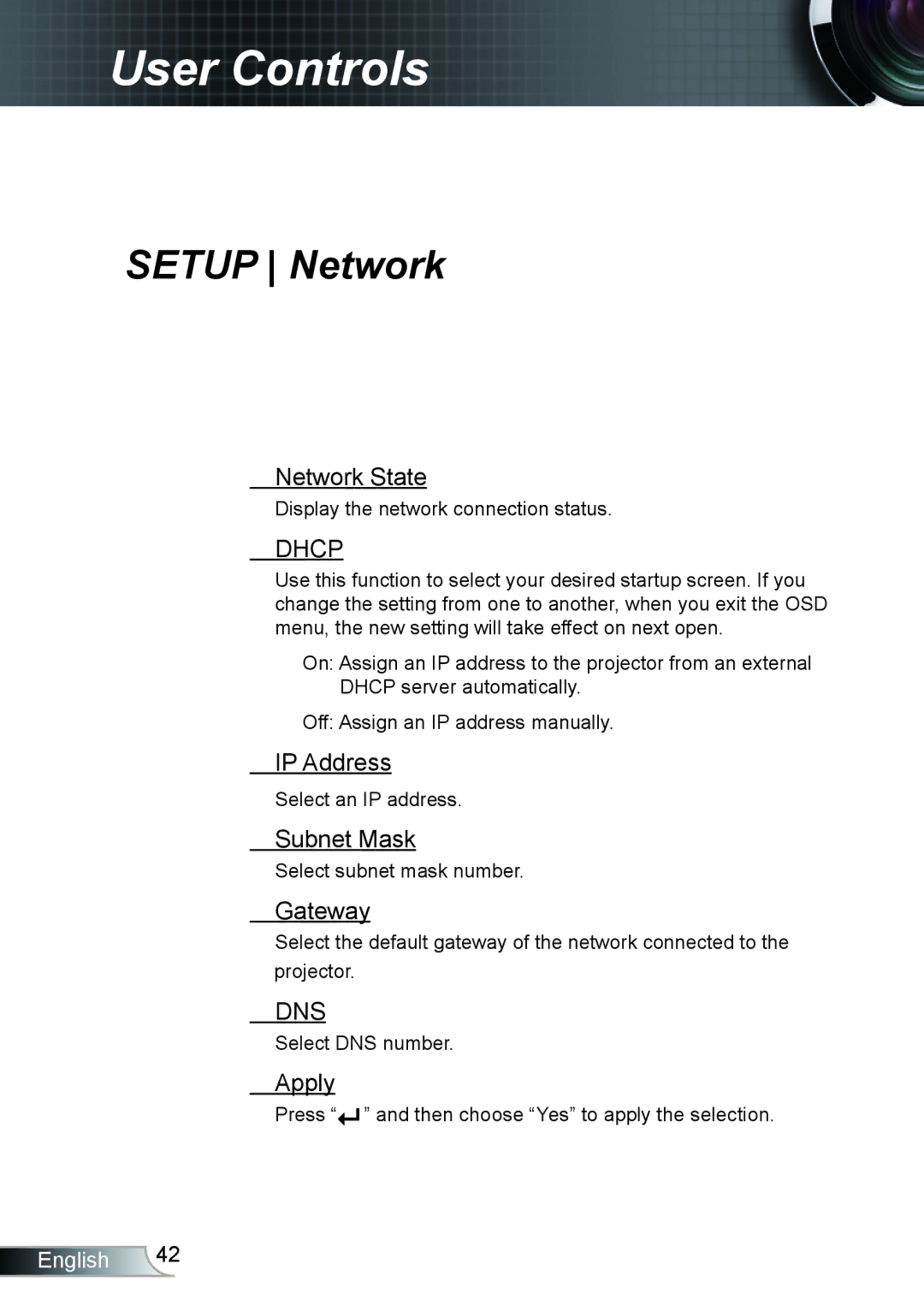 Optoma Technology TX5423D, TX762GOV, TX615GOV manual Setup Network 