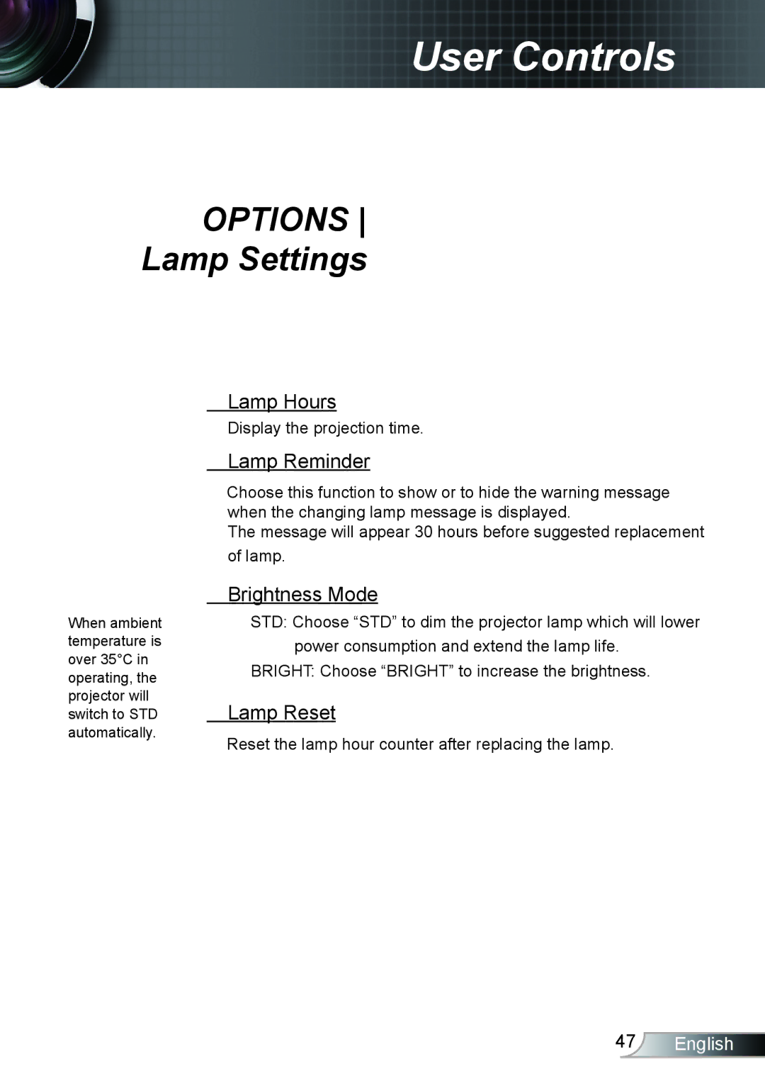 Optoma Technology TX762GOV, TX615GOV manual Options Lamp Settings, Lamp Hours, Lamp Reminder, Brightness Mode, Lamp Reset 