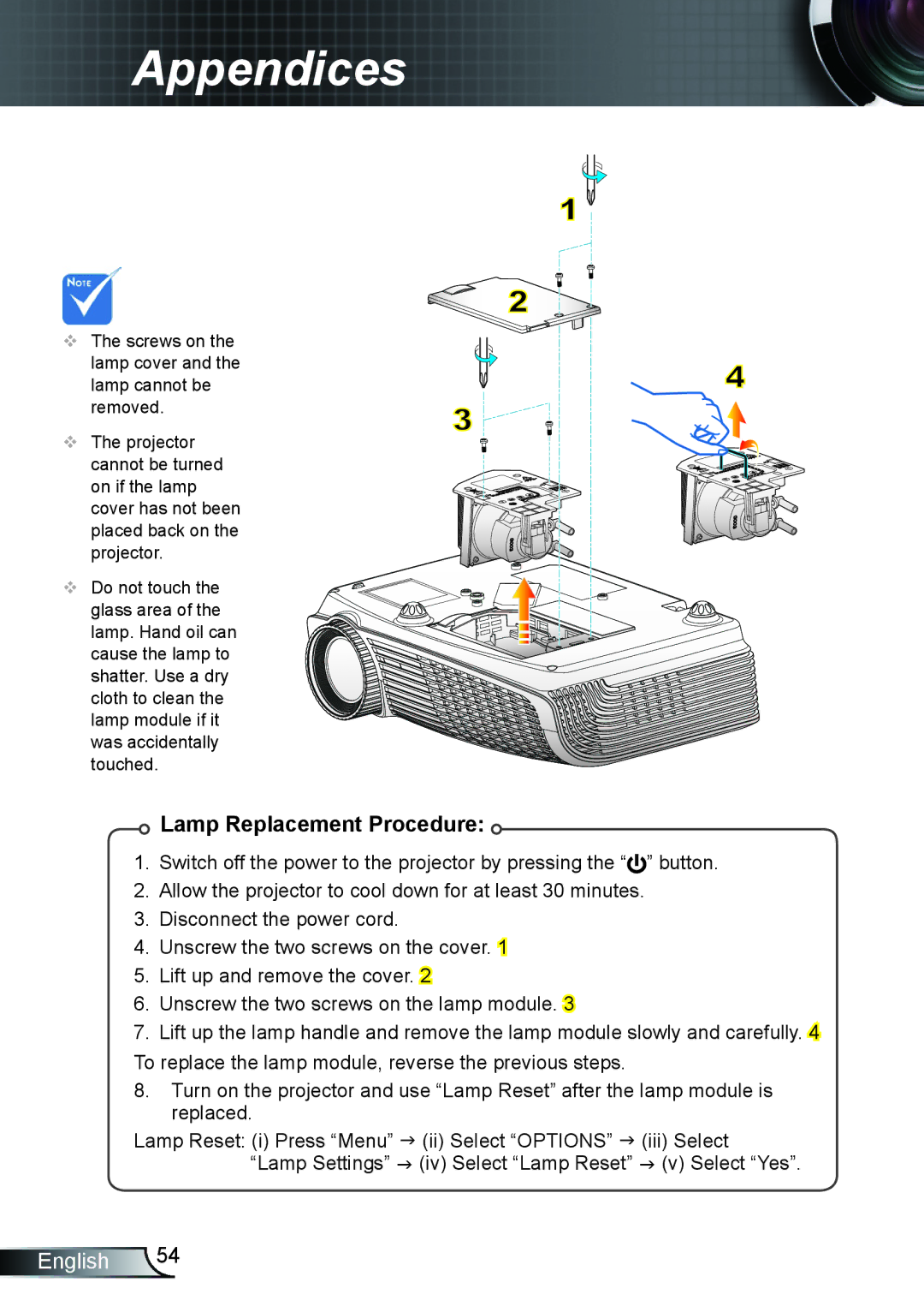 Optoma Technology TX5423D, TX762GOV, TX615GOV manual Lamp Replacement Procedure 