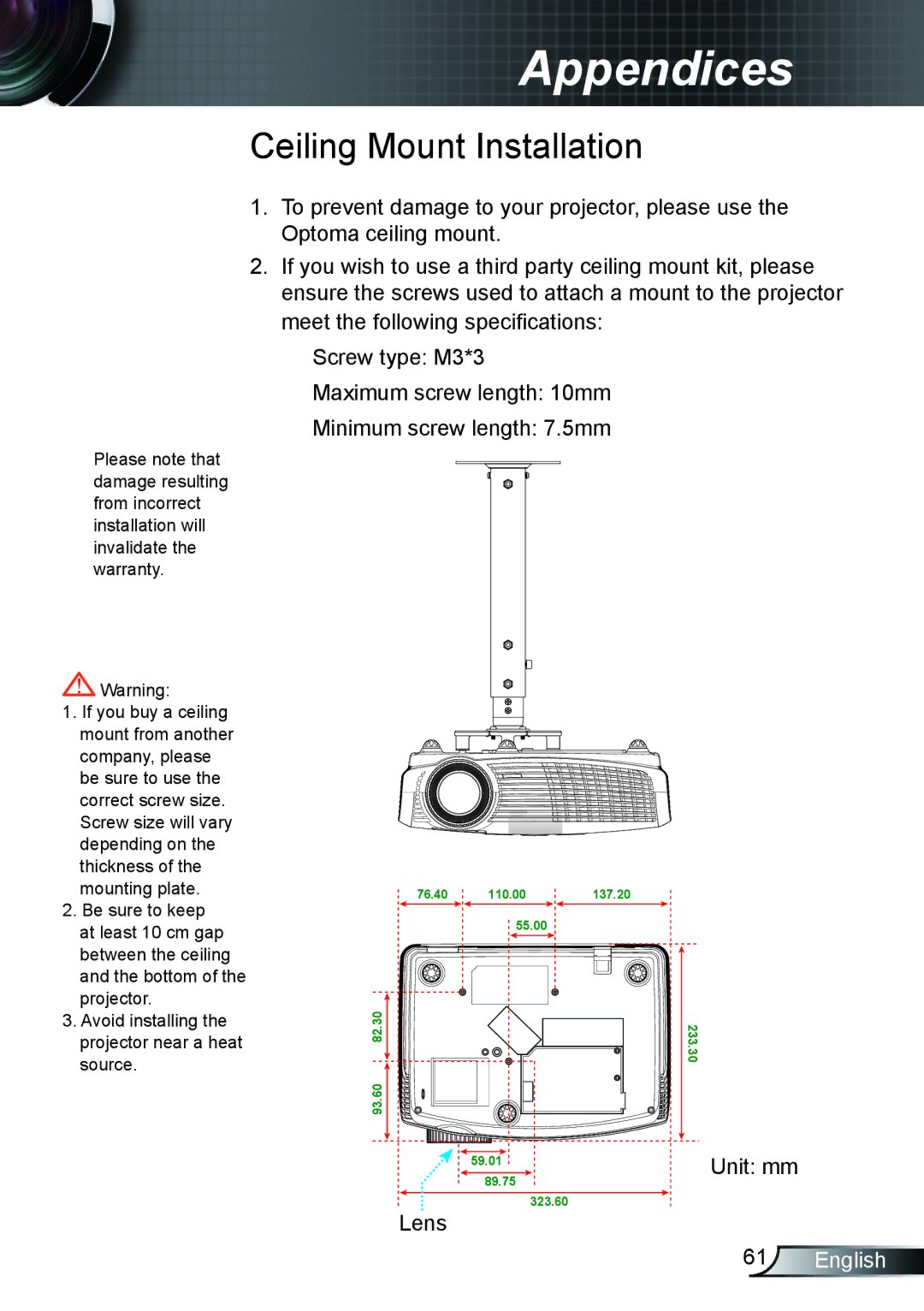 Optoma Technology TX615GOV, TX762GOV, TX5423D manual Ceiling Mount Installation 