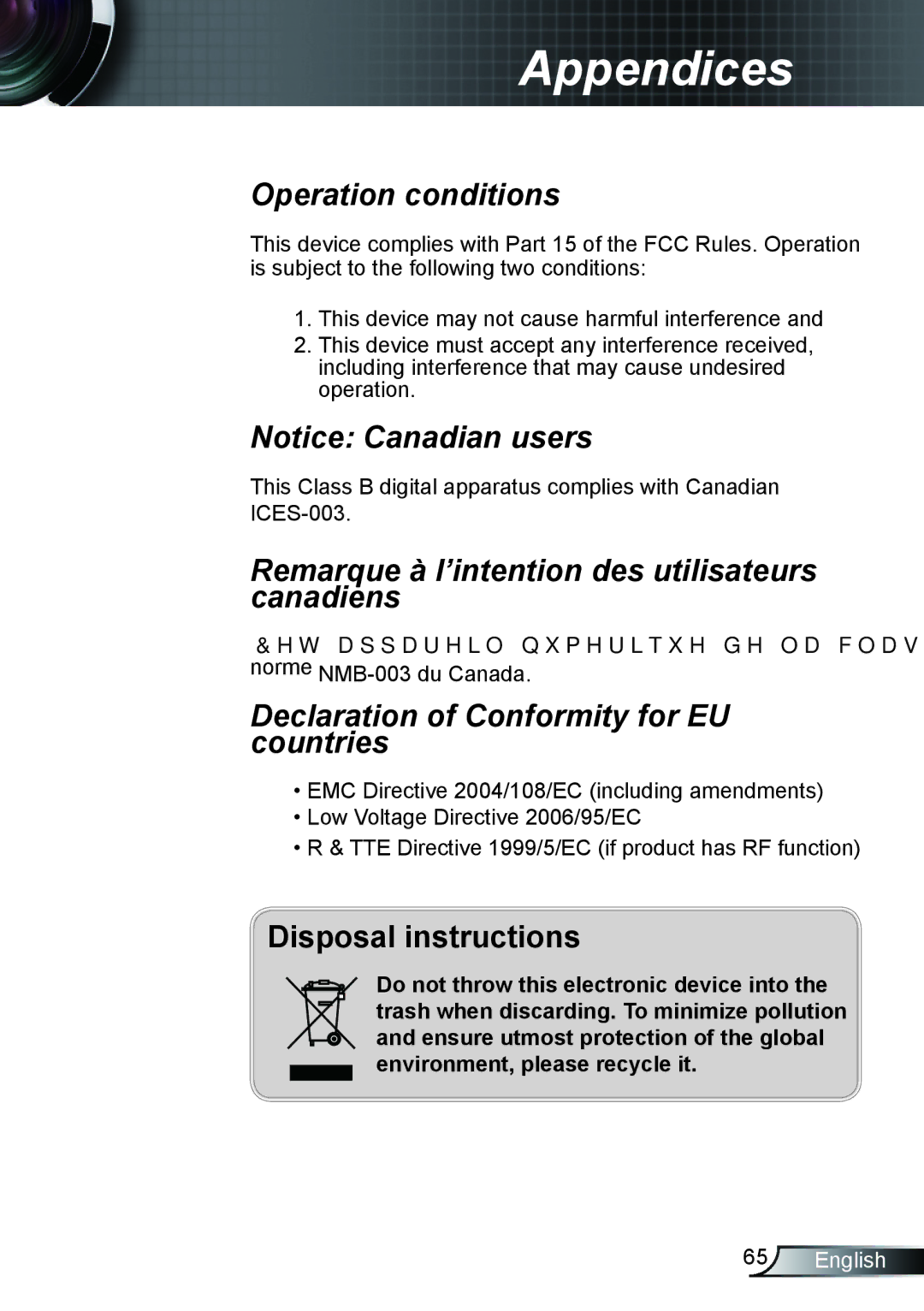 Optoma Technology TX615GOV, TX762GOV, TX5423D manual Remarque à l’intention des utilisateurs canadiens 