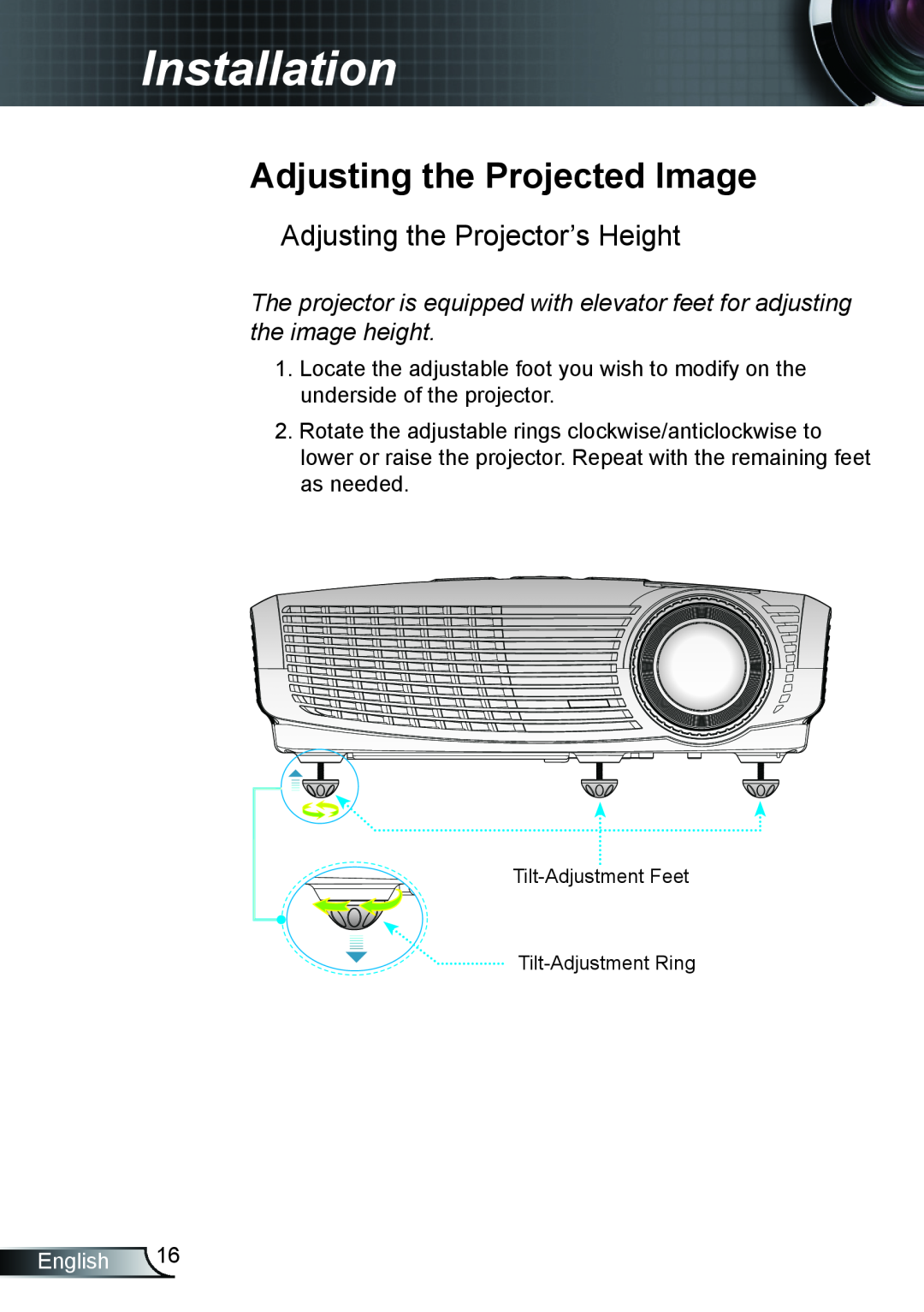 Optoma Technology TX762GOV manual Adjusting the Projected Image, Adjusting the Projector’s Height, English 6, Installation 