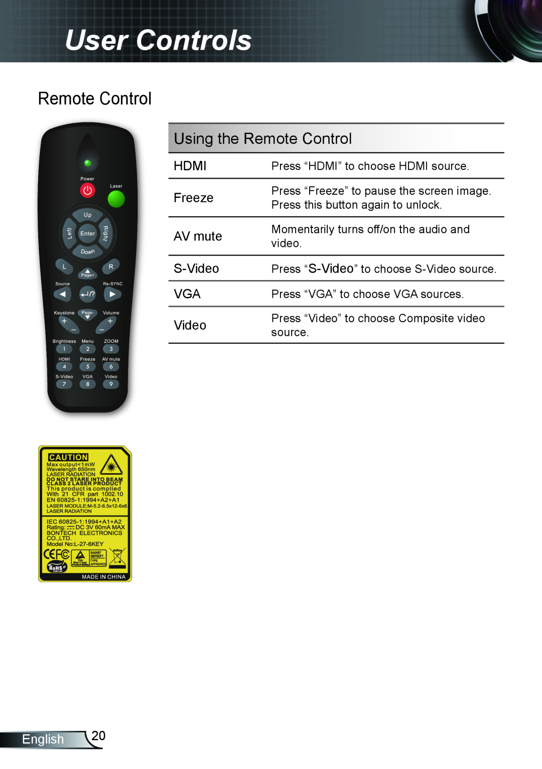 Optoma Technology TX762GOV User Controls, Using the Remote Control, English, Press “Freeze” to pause the screen image 