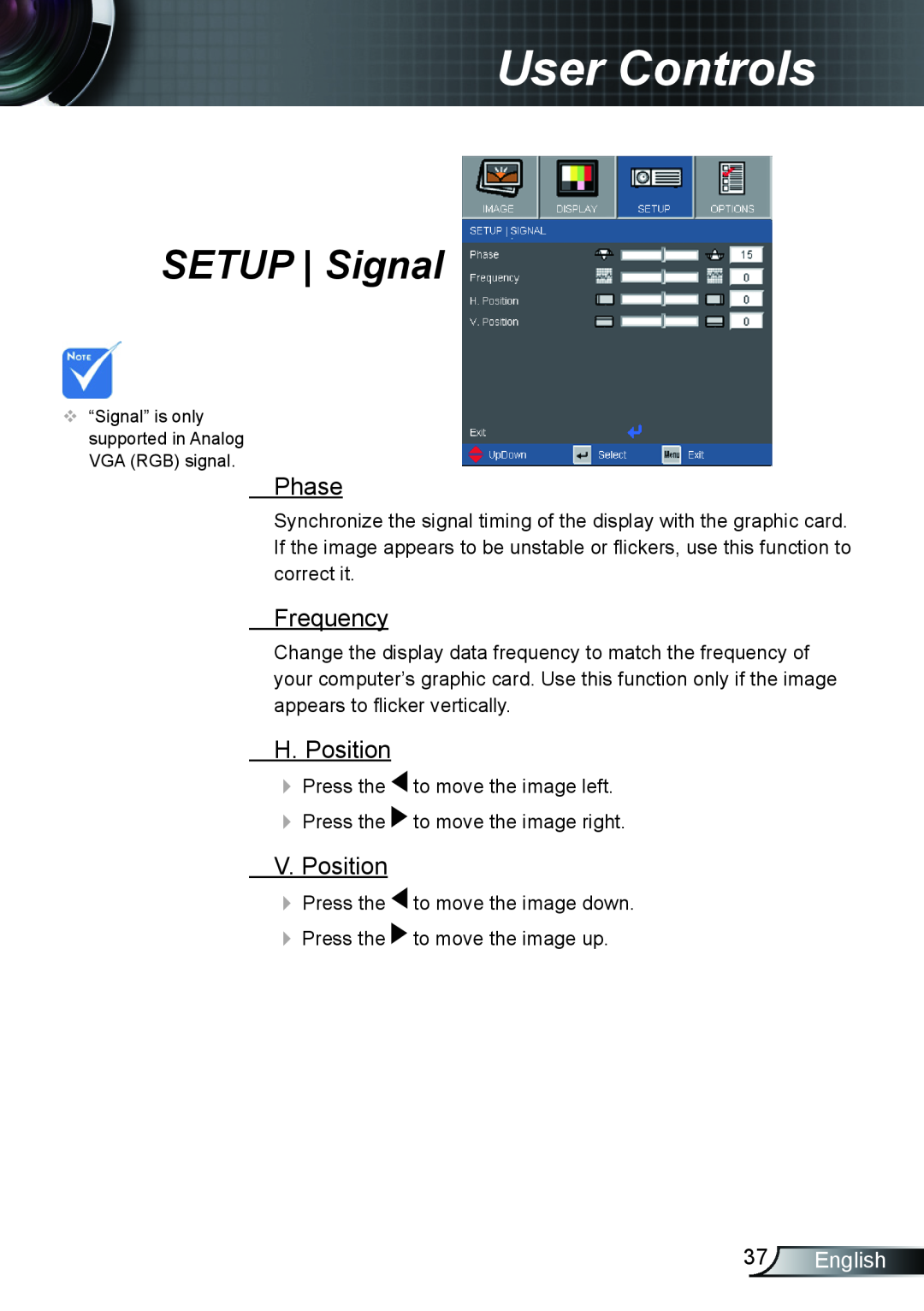 Optoma Technology TX615GOV, TX762GOV manual SETUP Signal, Phase, Frequency, H. Position, V. Position, English, User Controls 