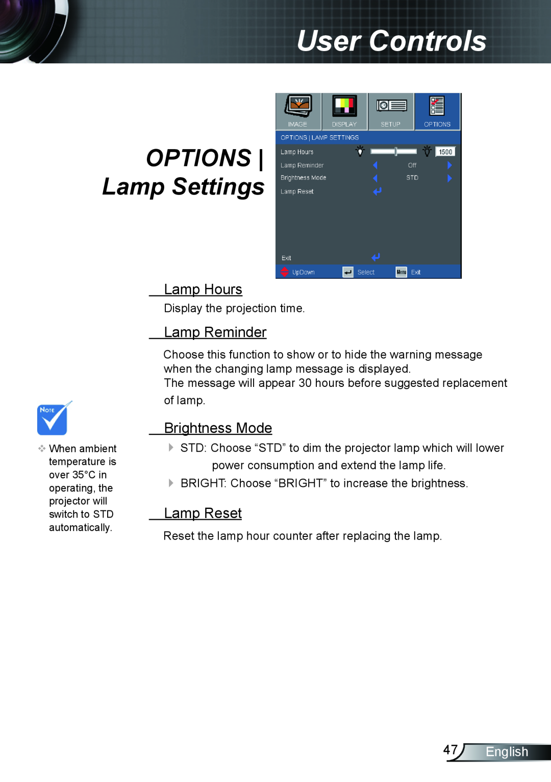 Optoma Technology TX762GOV manual OPTIONS Lamp Settings, Lamp Hours, Lamp Reminder, Brightness Mode, Lamp Reset, English 