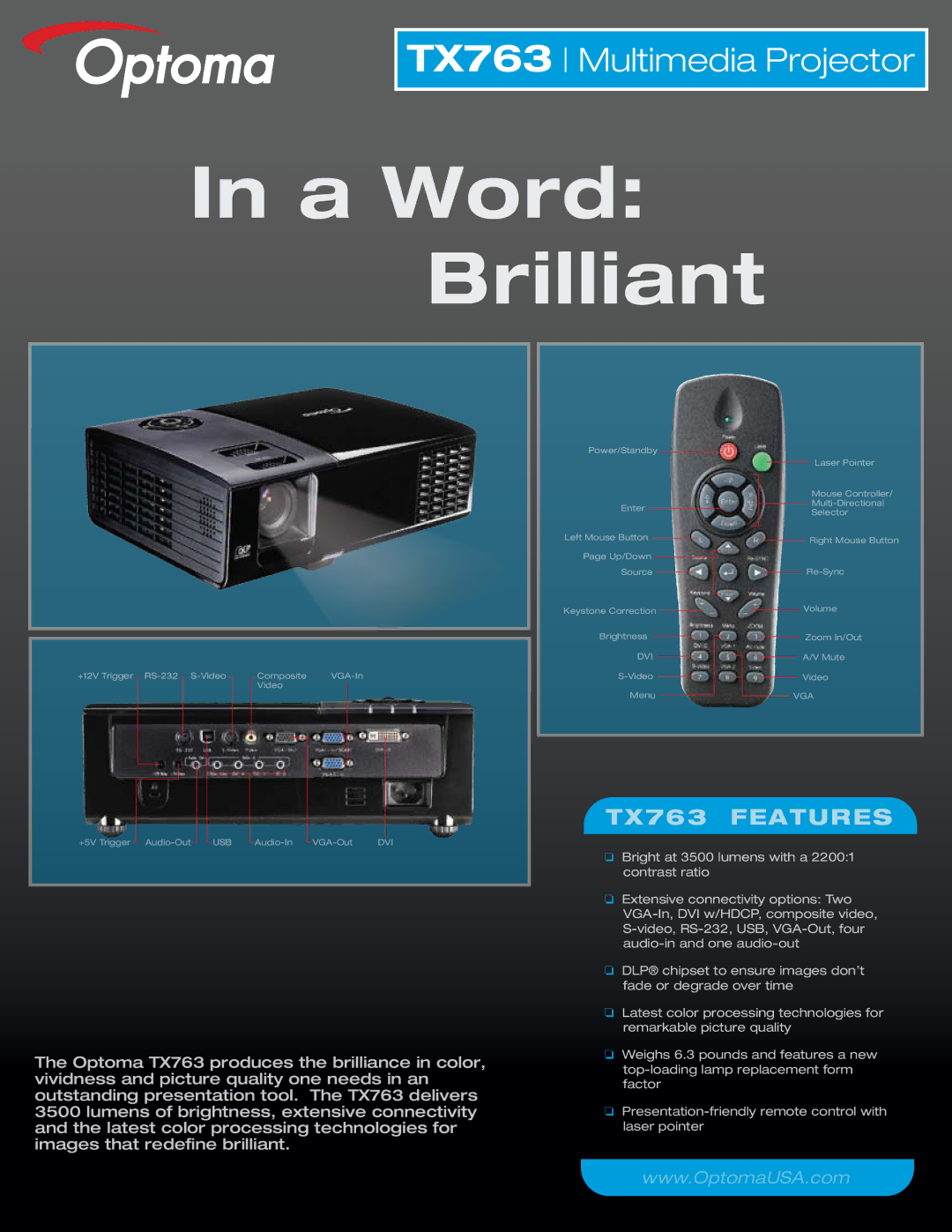 Optoma Technology manual A Word Brilliant, TX763 Features 