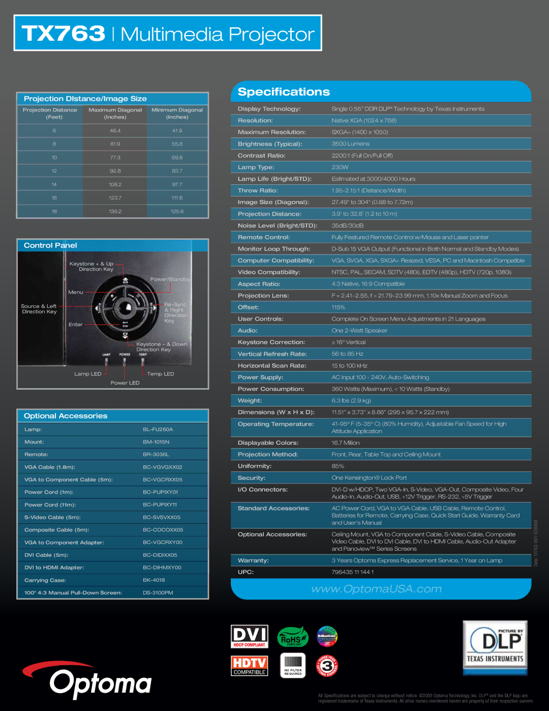 Optoma Technology TX763 manual Specifications, Projection DIstance/Image Size, Control Panel, Optional Accessories, Upc 
