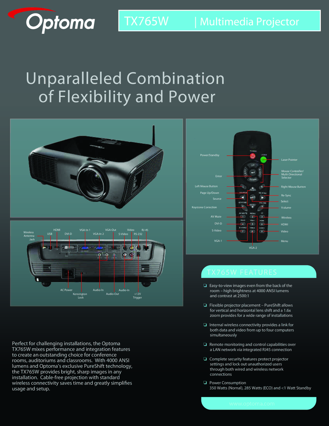 Optoma Technology TX765W manual Unparalleled Combination of Flexibility and Power, TX 7 6 5W Features 