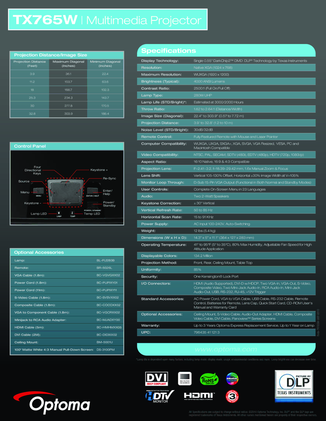 Optoma Technology TX765W manual Specifications, Projection Distance/Image Size, Control Panel, Optional Accessories, Upc 