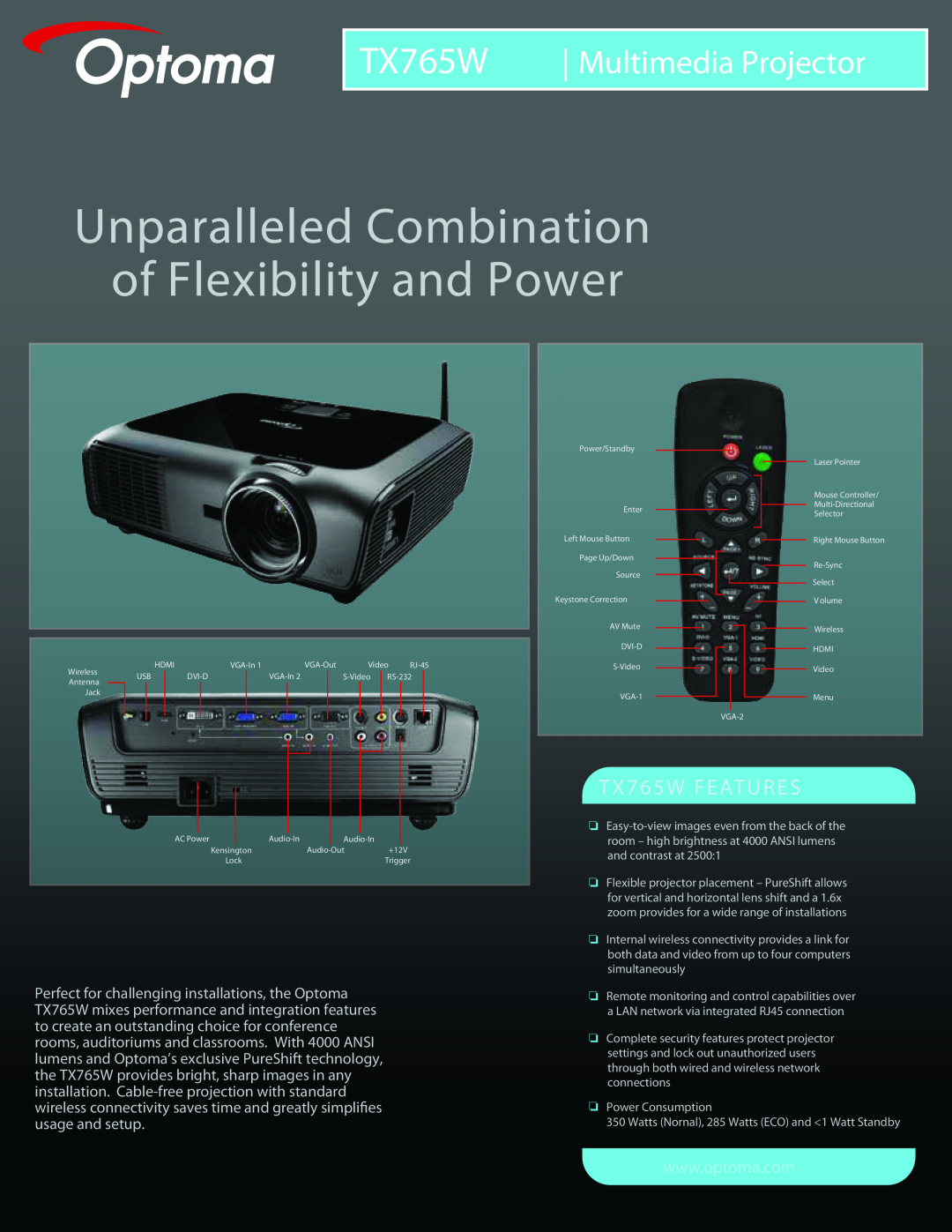Optoma Technology manual TX765W Multimedia Projector, Unparalleled Combination of Flexibility and Power 