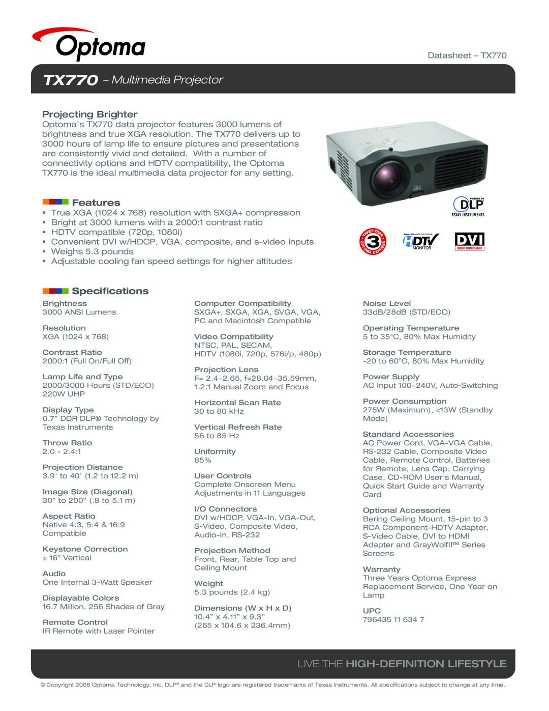 Optoma Technology specifications TX770 − Multimedia Projector, Live The High-Definition Lifestyle, Projecting Brighter 