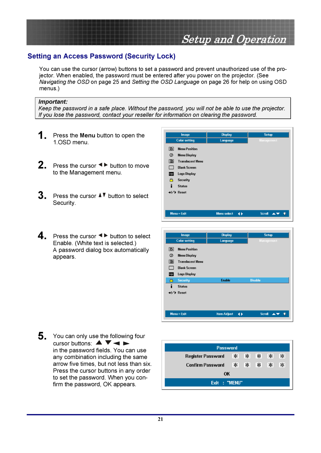 Optoma Technology TX771, EP771RFBA manual Setting an Access Password Security Lock 