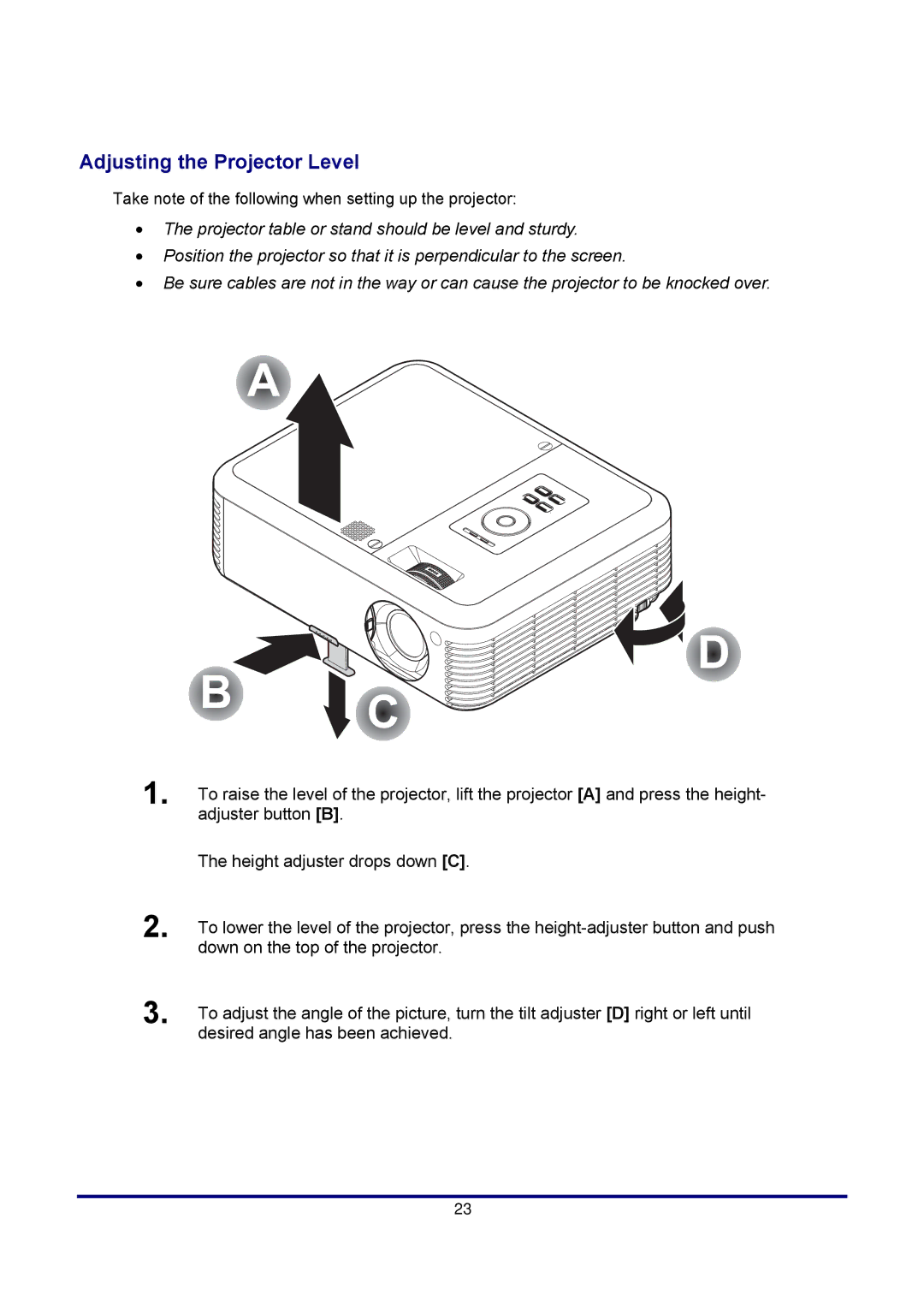 Optoma Technology TX771, EP771RFBA manual Adjusting the Projector Level 