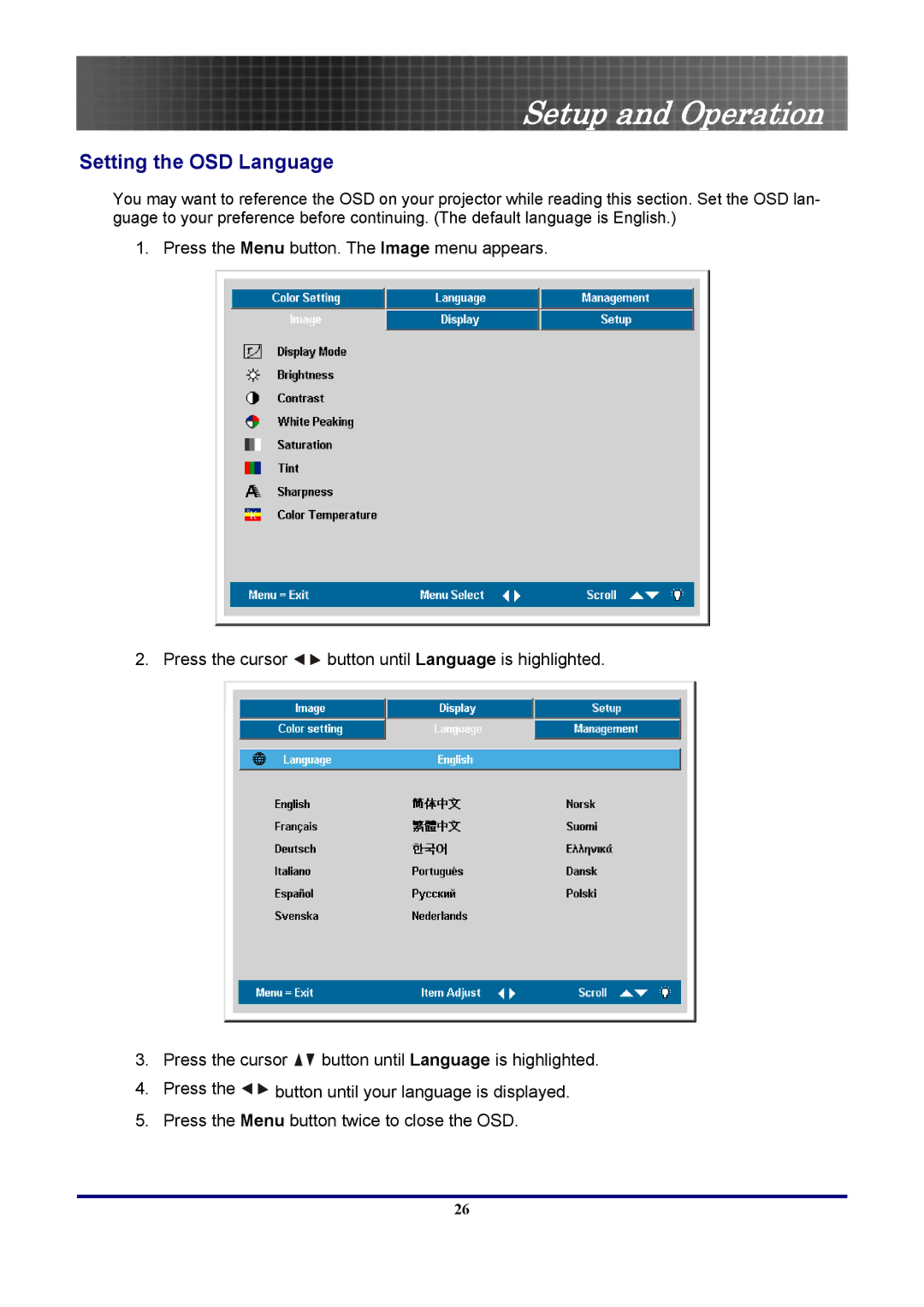 Optoma Technology TX771, EP771RFBA manual Setting the OSD Language 