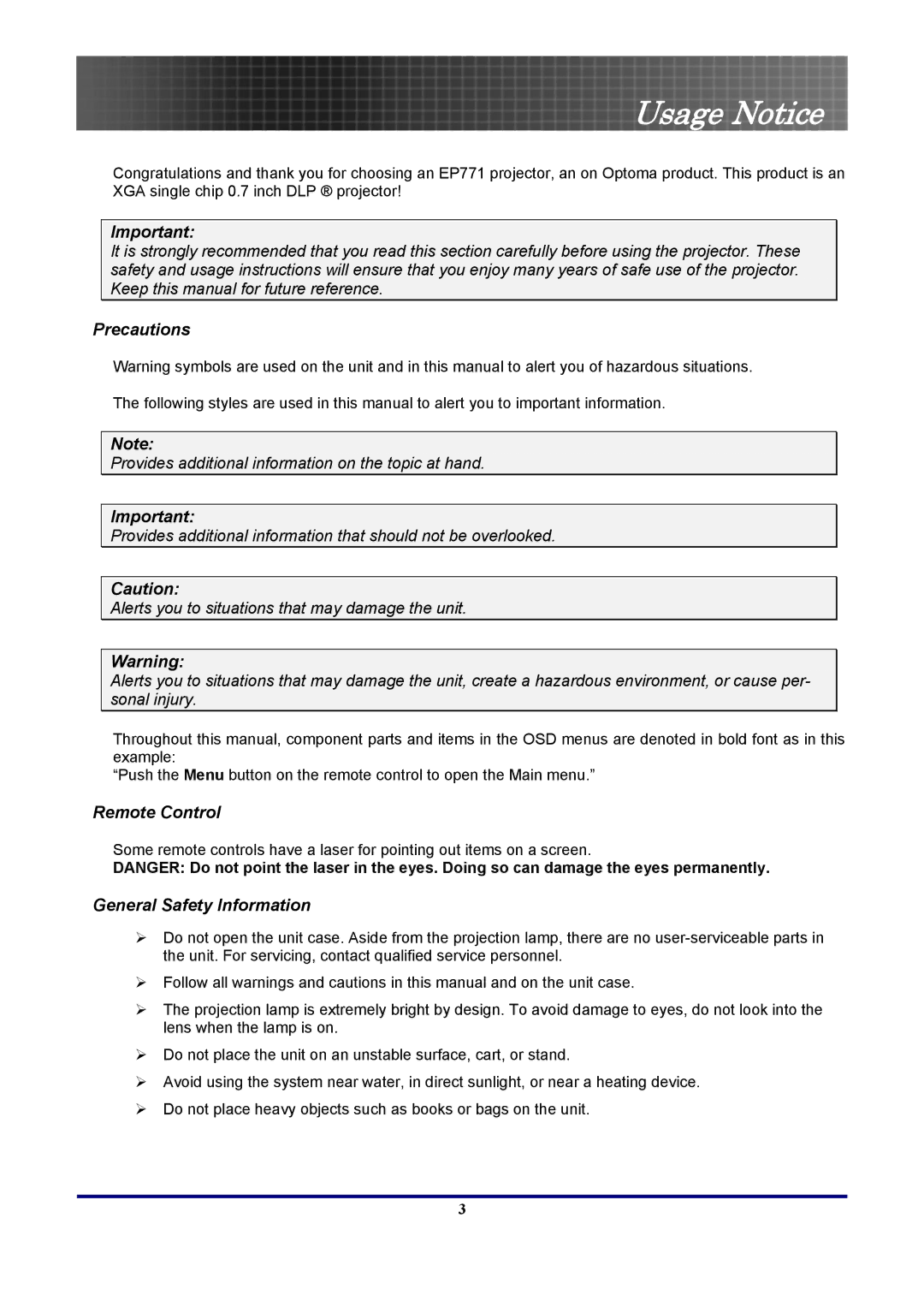 Optoma Technology TX771, EP771RFBA manual Usage Notice, Precautions 