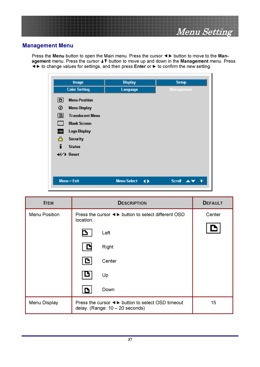 Optoma Technology EP771RFBA, TX771 manual Management Menu 