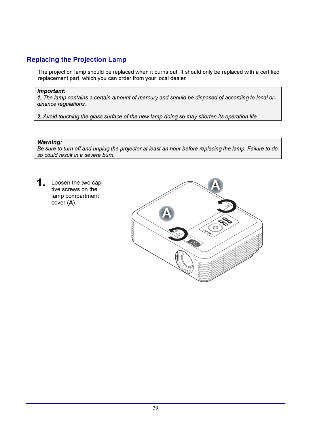 Optoma Technology TX771, EP771RFBA manual Appendices, Replacing the Projection Lamp 