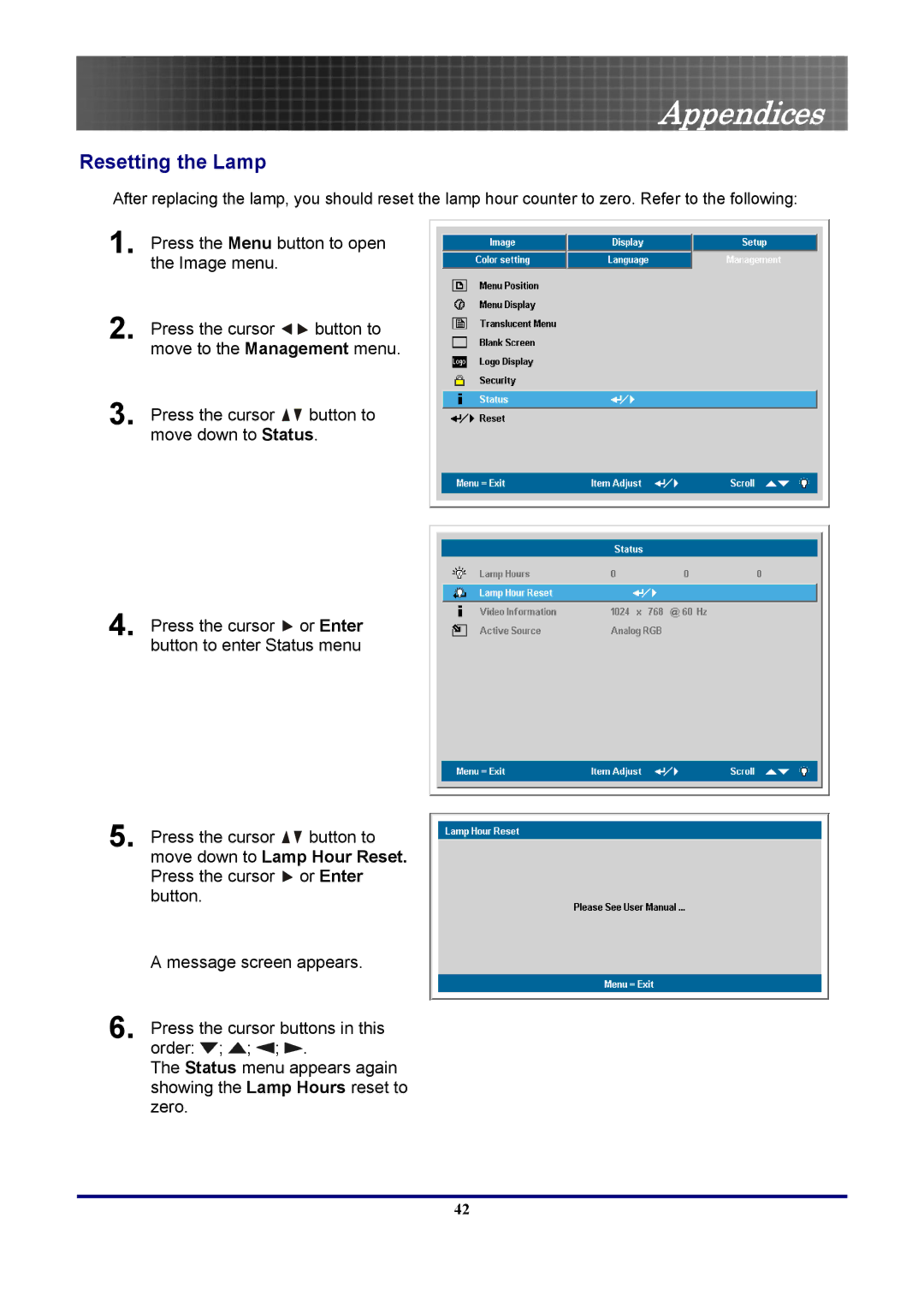 Optoma Technology TX771, EP771RFBA manual Resetting the Lamp 