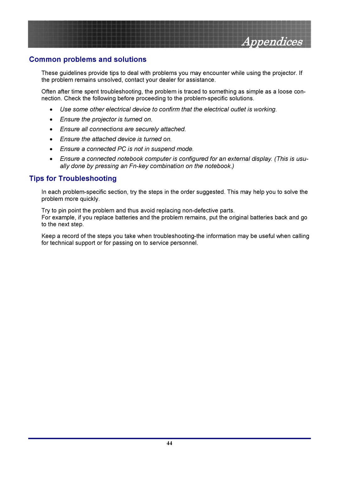 Optoma Technology TX771, EP771RFBA manual Common problems and solutions, Tips for Troubleshooting 