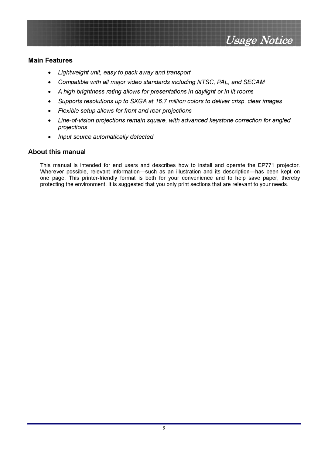 Optoma Technology TX771, EP771RFBA manual Main Features 