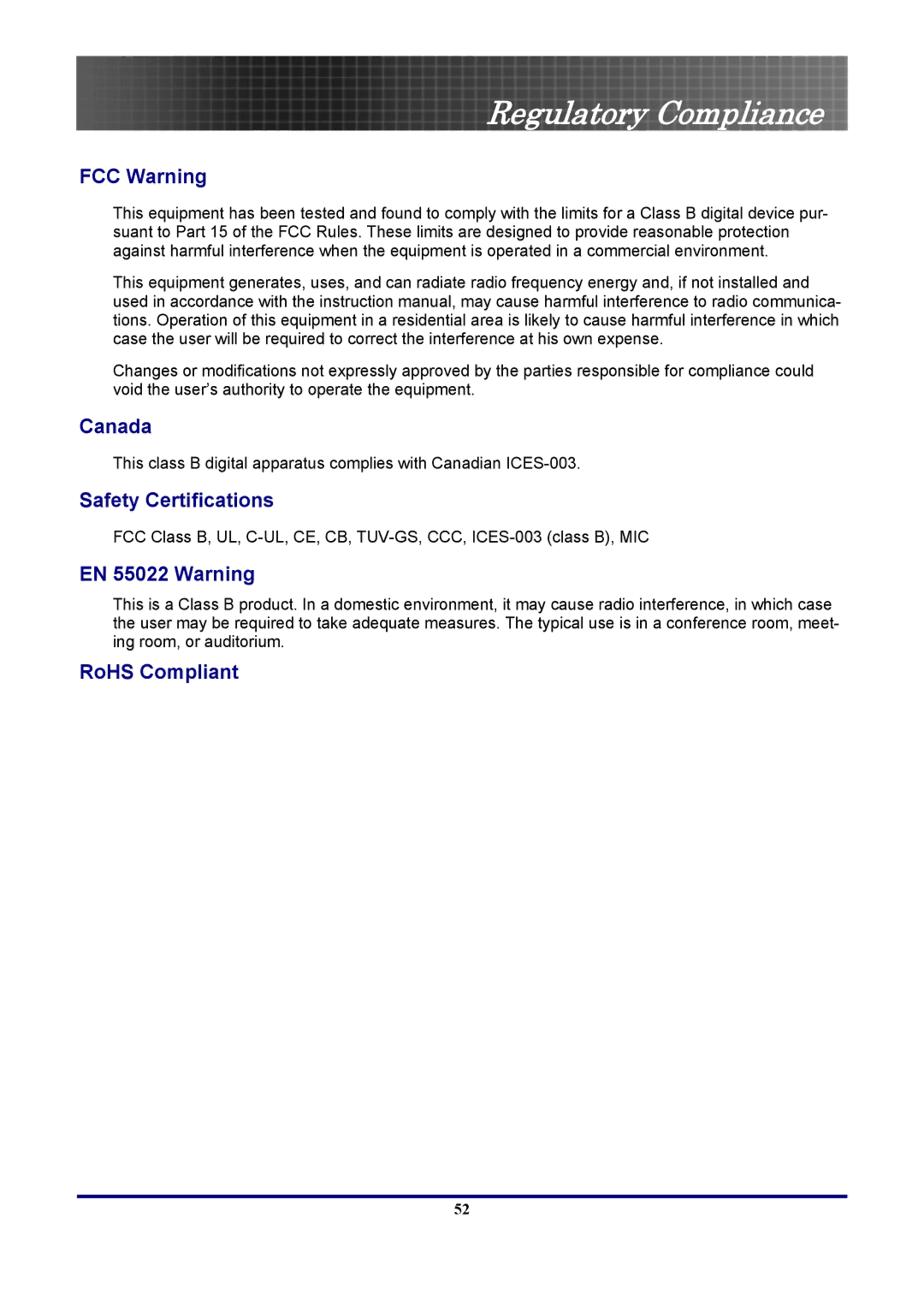 Optoma Technology EP771RFBA, TX771 manual Regulatory Compliance 