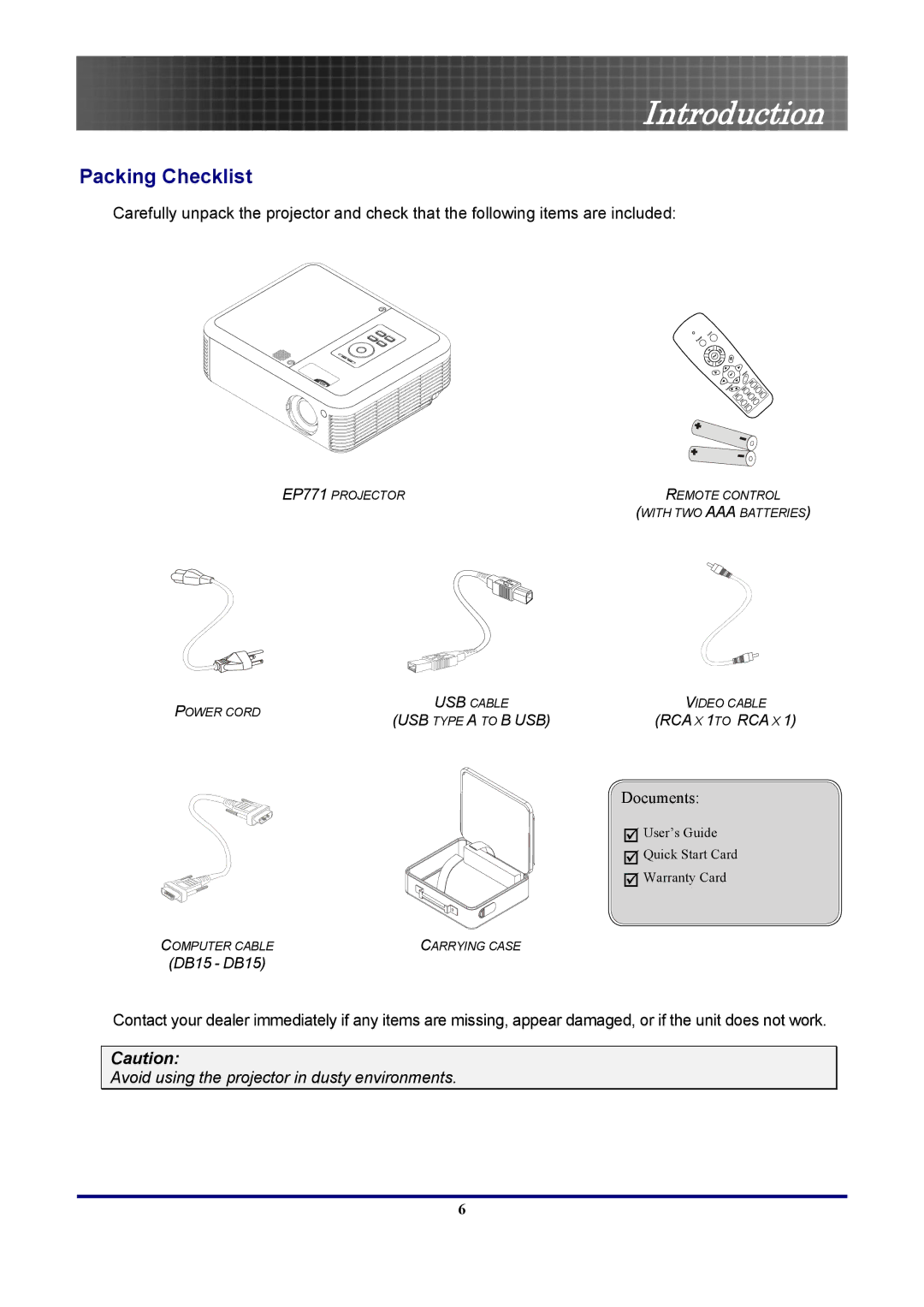 Optoma Technology TX771, EP771RFBA manual Introduction, Packing Checklist 