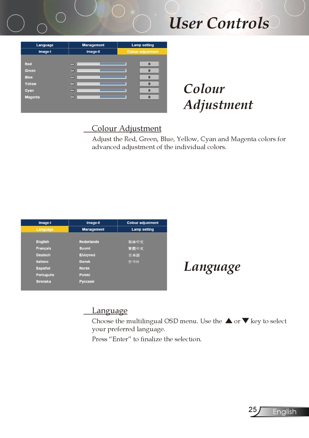 Optoma Technology TX773 manual Colour Adjustment, Language 